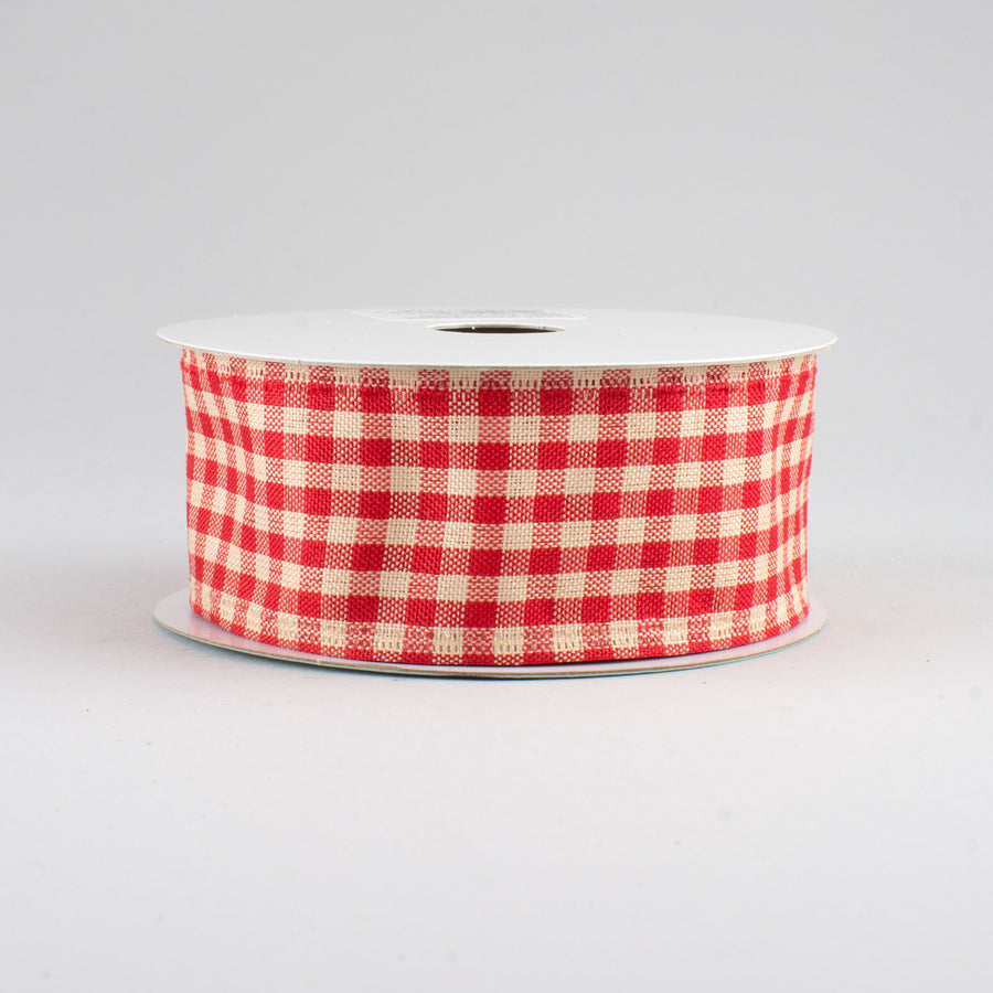 1.5" Primitive Gingham Check Ribbon: Red & Beige (10 Yards)