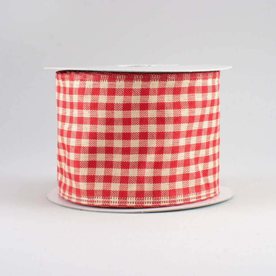 2.5" Primitive Gingham Check Ribbon: Red & Beige (10 Yards)