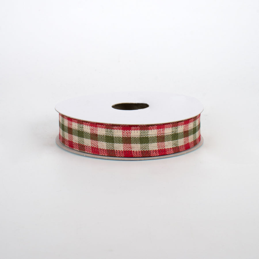 5/8" Primitive Gingham Check Ribbon: Red, Moss, Ivory (10 Yards)
