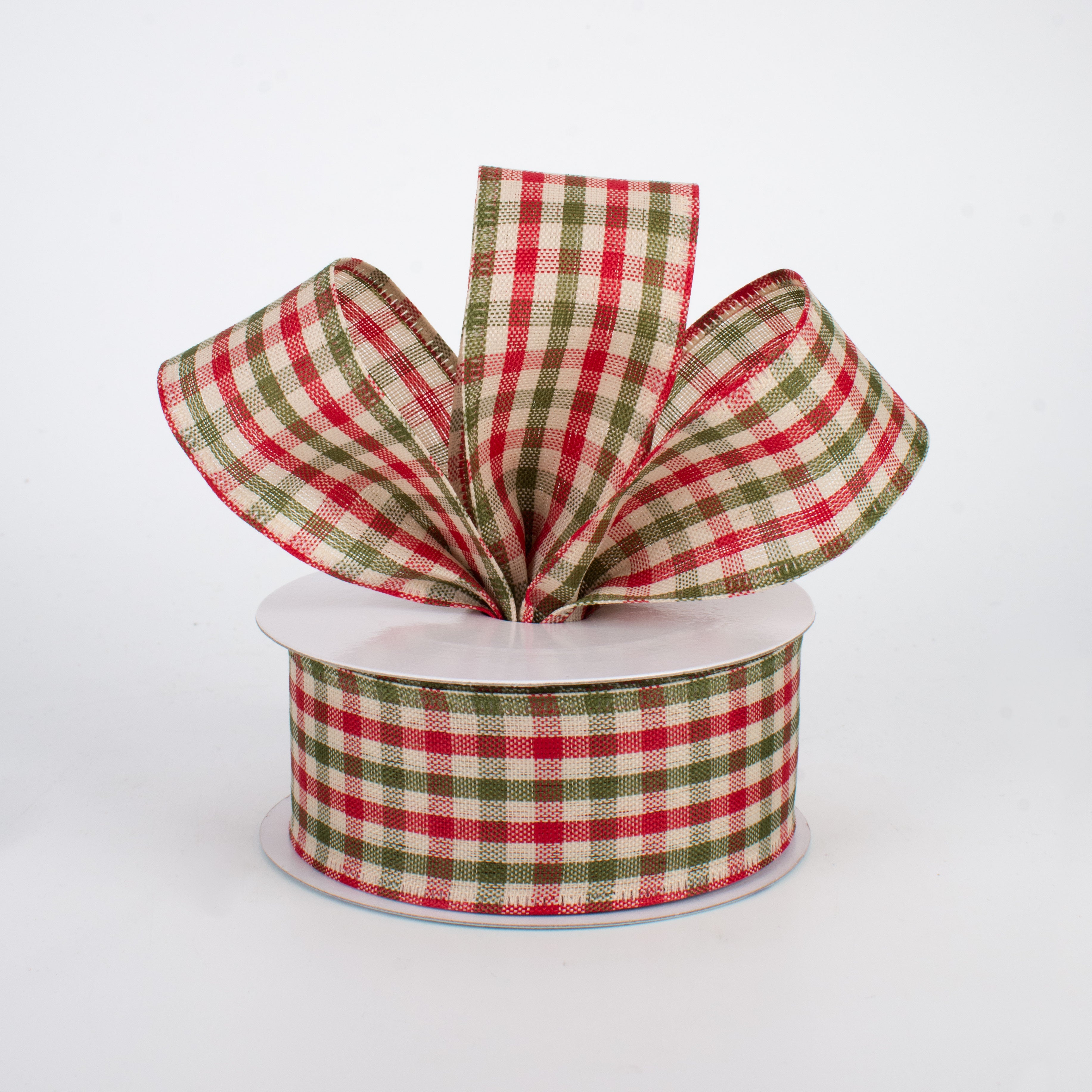 1.5" Primitive Gingham Check Ribbon: Red, Moss, Ivory (10 Yards) Lifestyle Photo