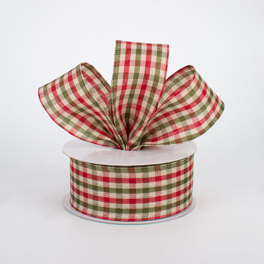 1.5" Primitive Gingham Check Ribbon: Red, Moss, Ivory (10 Yards) Lifestyle Photo