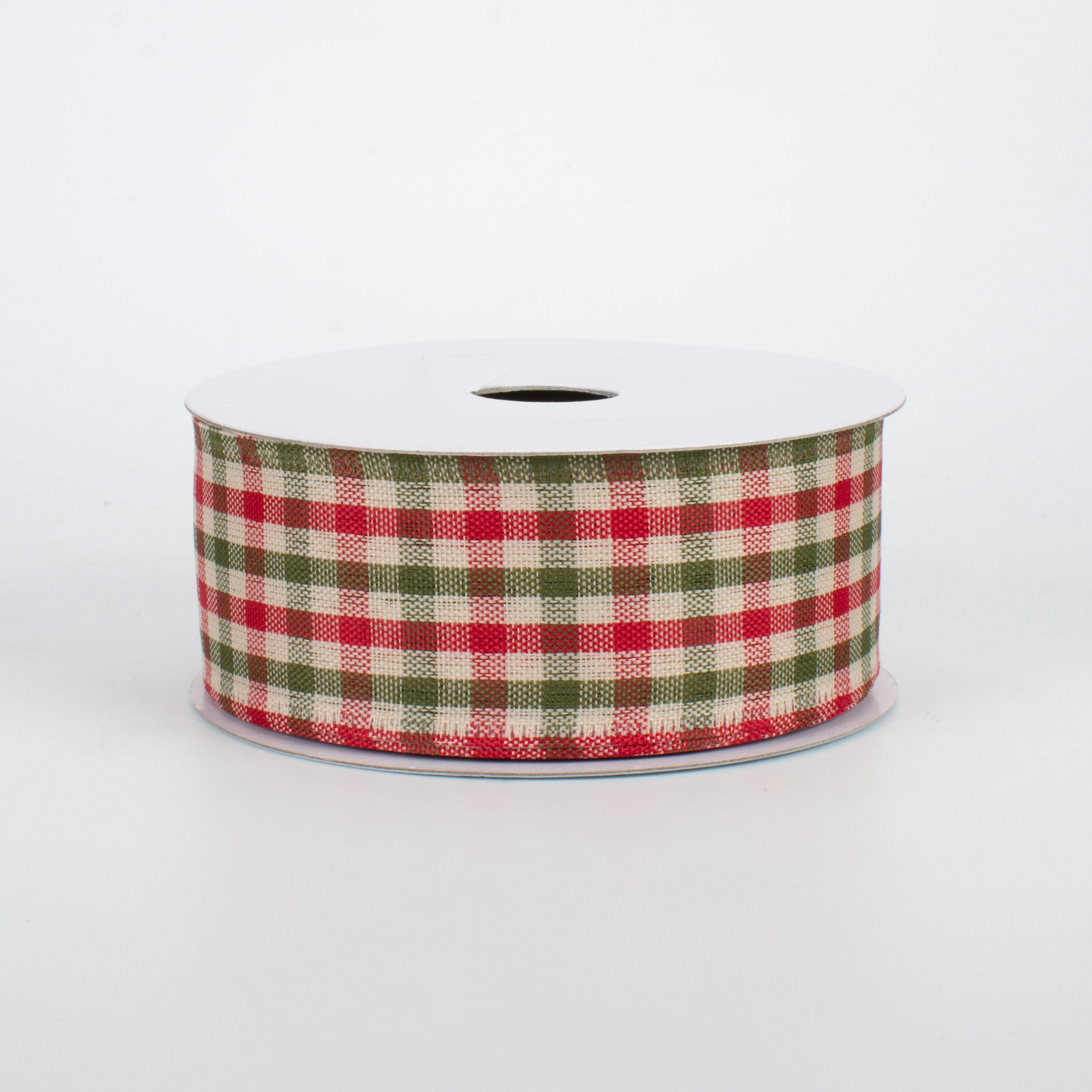 1.5" Primitive Gingham Check Ribbon: Red, Moss, Ivory (10 Yards)