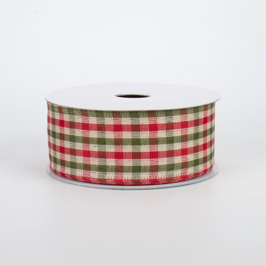 1.5" Primitive Gingham Check Ribbon: Red, Moss, Ivory (10 Yards)
