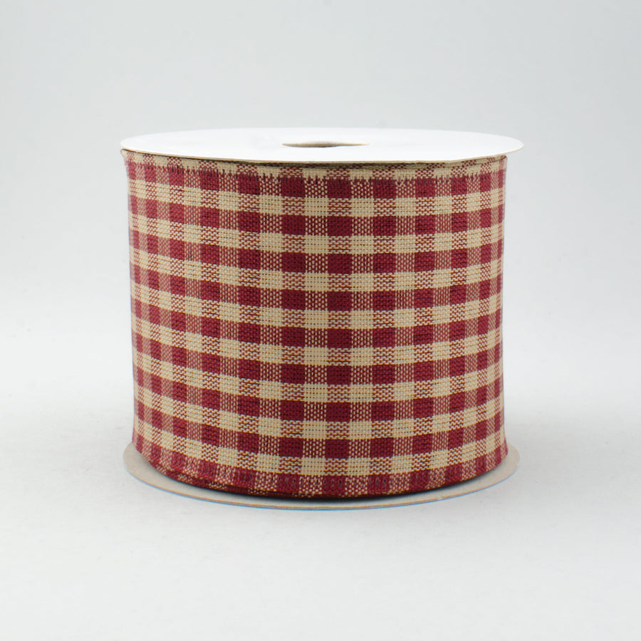 2.5" Primitive Gingham Check Ribbon: Red & Tan (10 Yards)