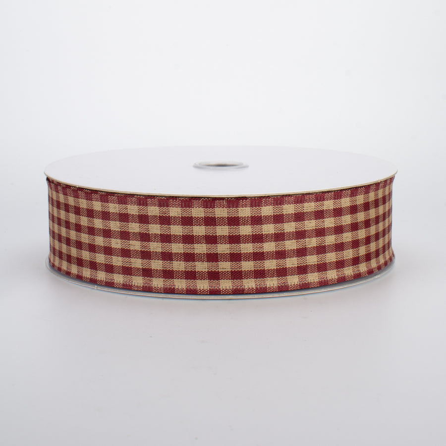 1.5" Primitive Gingham Check Ribbon: Red & Tan (50 Yards)