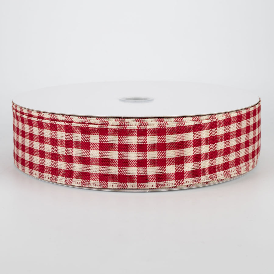 1.5" Primitive Gingham Ribbon: Burgundy & Natural (50 Yards)