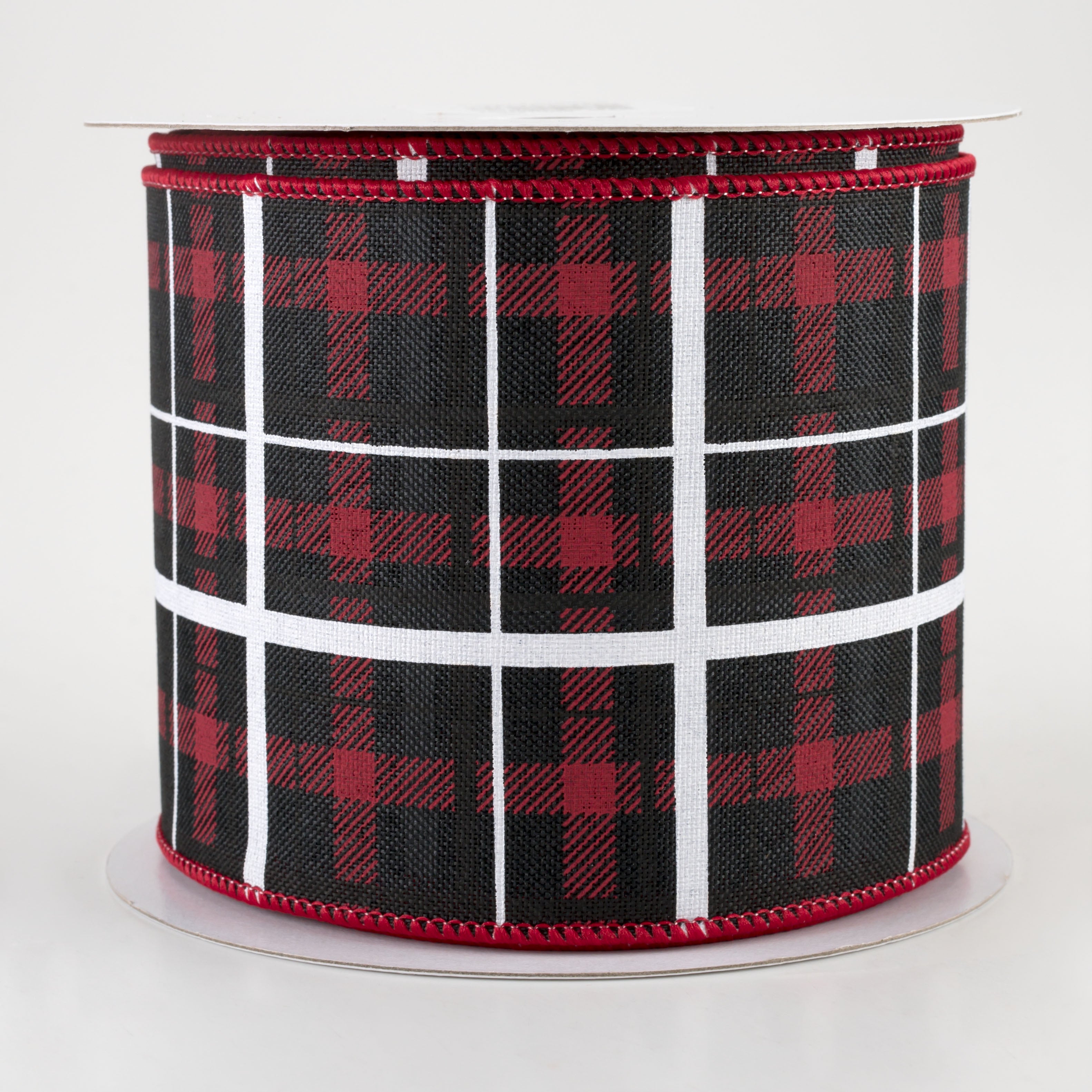 4" Print Plaid Ribbon: Black, Red, White (10 Yards)