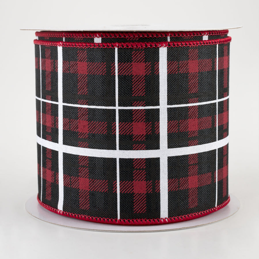 4" Print Plaid Ribbon: Black, Red, White (10 Yards)