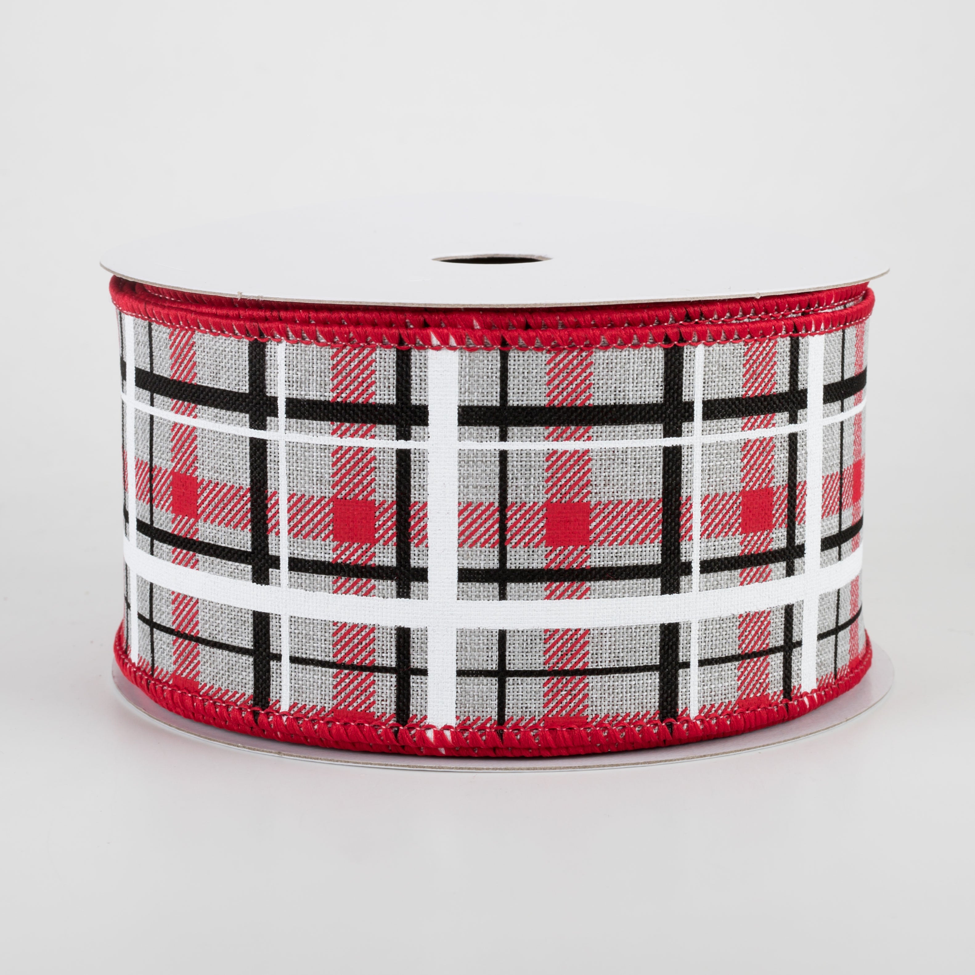 2.5" Print Plaid Ribbon: Light Grey, Red, Black, White (10 Yards)