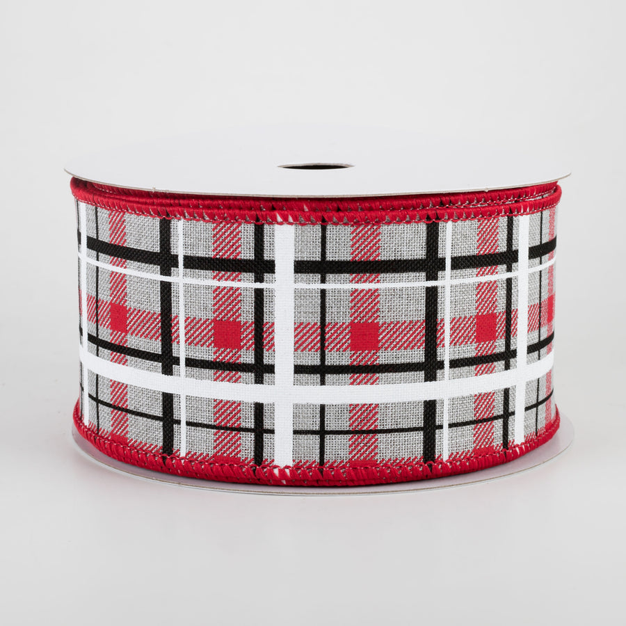 2.5" Print Plaid Ribbon: Light Grey, Red, Black, White (10 Yards)