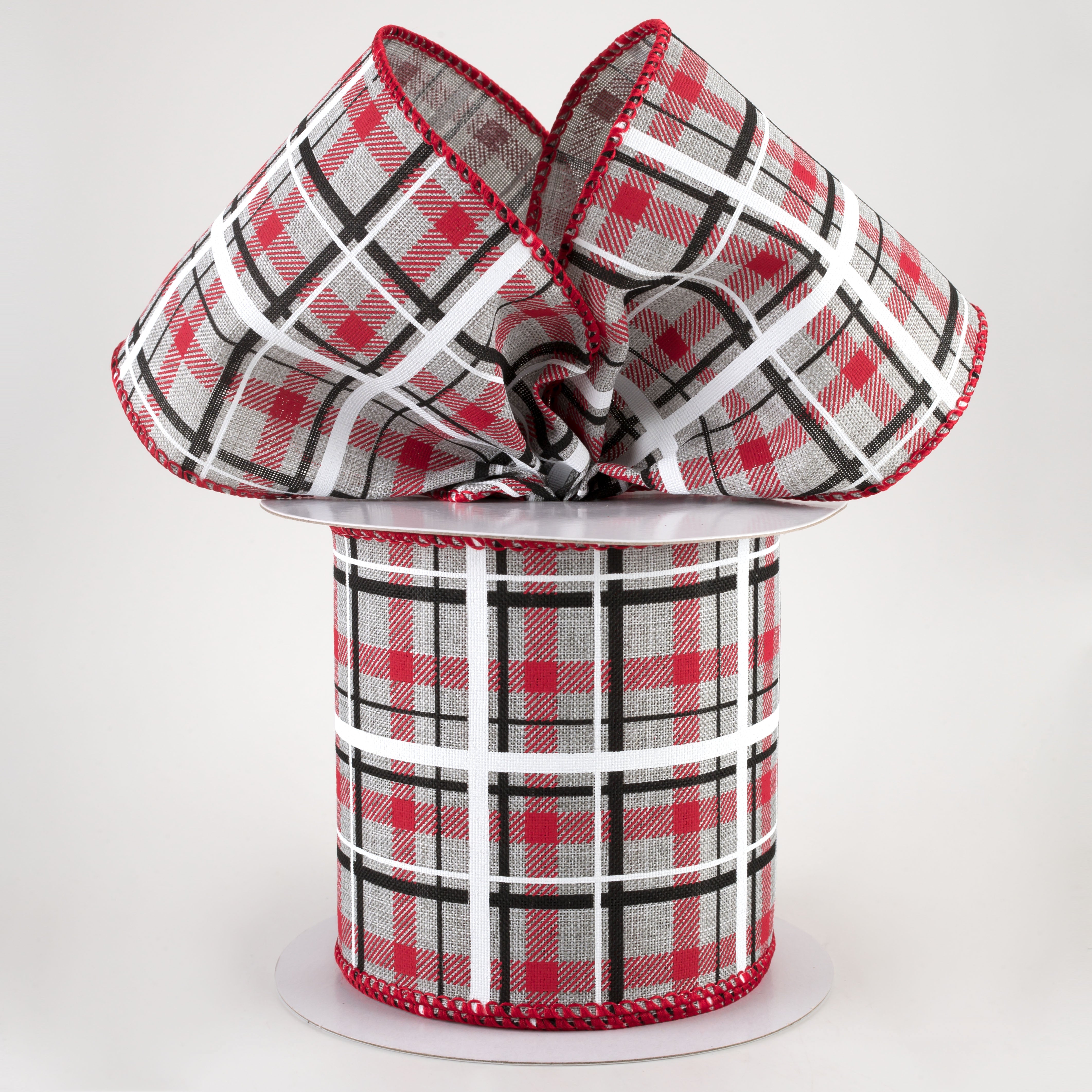 4" Print Plaid Ribbon: Light Grey, Red, Black, White (10 Yards) Lifestyle Photo