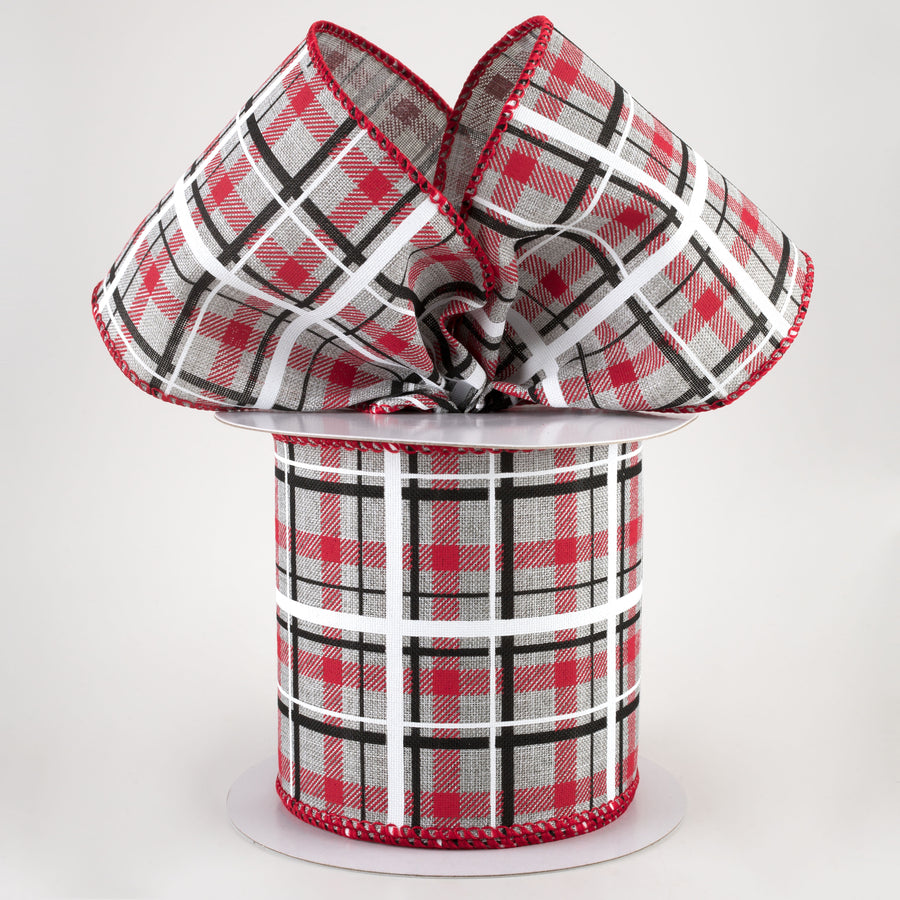 4" Print Plaid Ribbon: Light Grey, Red, Black, White (10 Yards) Lifestyle Photo