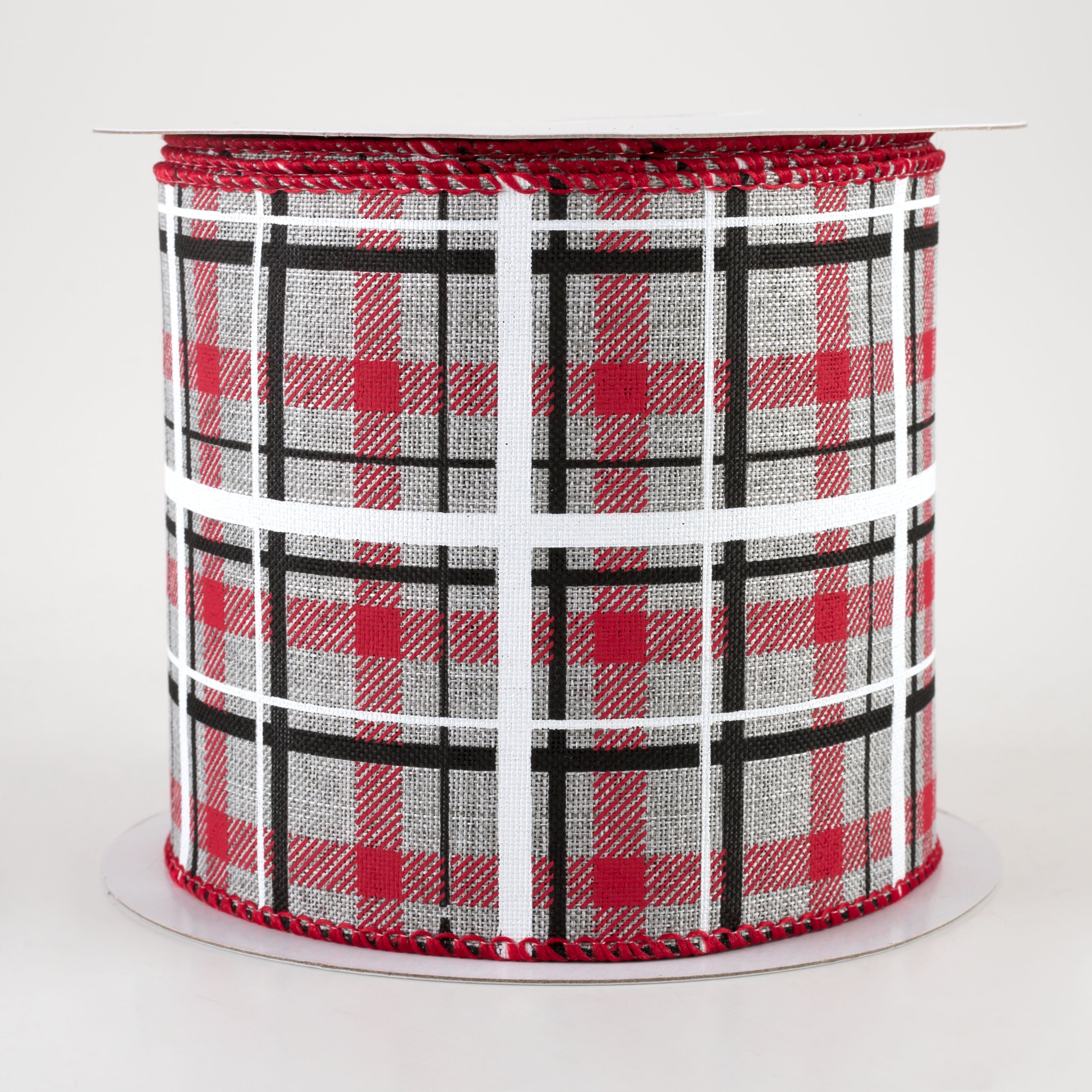 4" Print Plaid Ribbon: Light Grey, Red, Black, White (10 Yards)