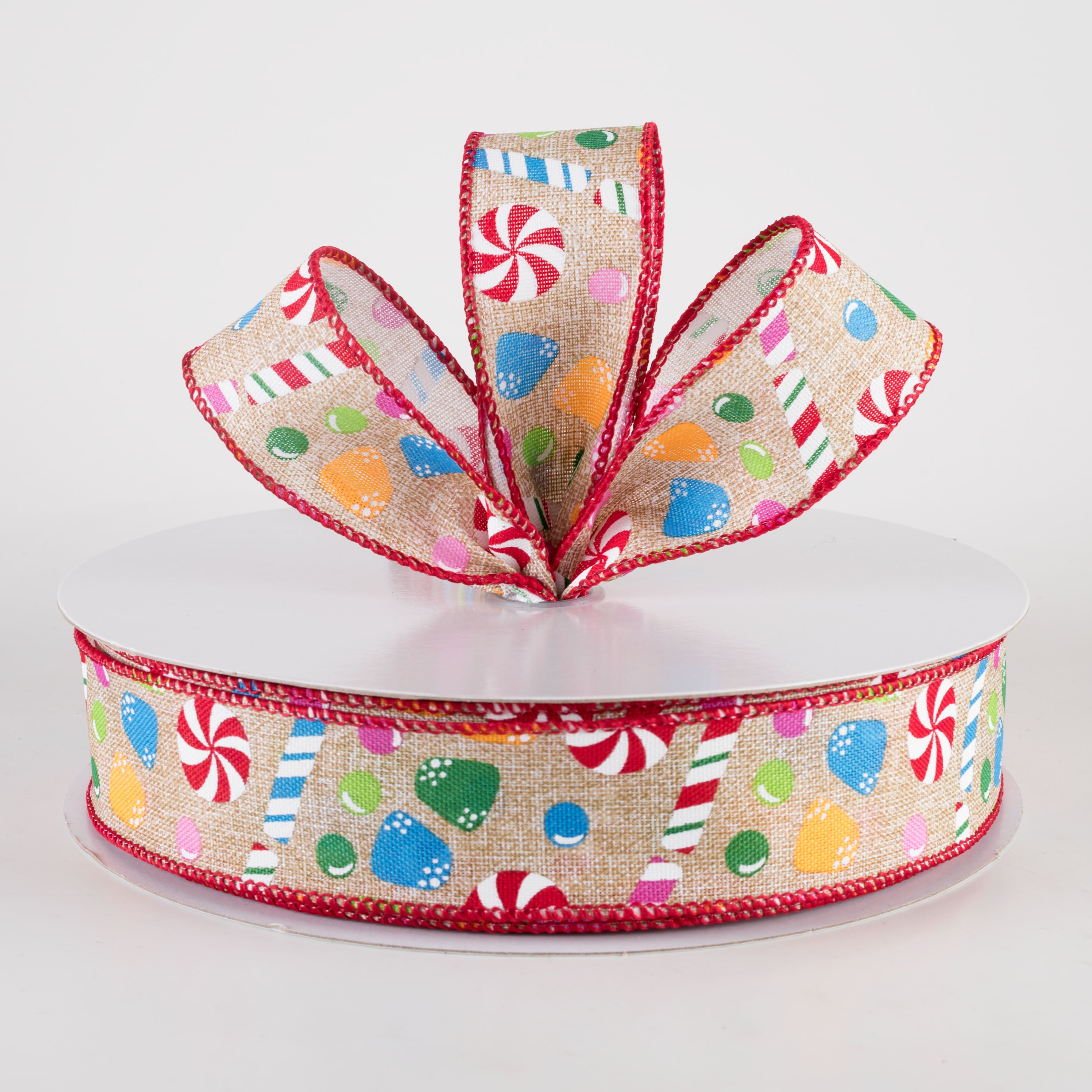 1.5" Printed Linen Christmas Candy Stripes Ribbon: Natural (50 Yards) Lifestyle Photo