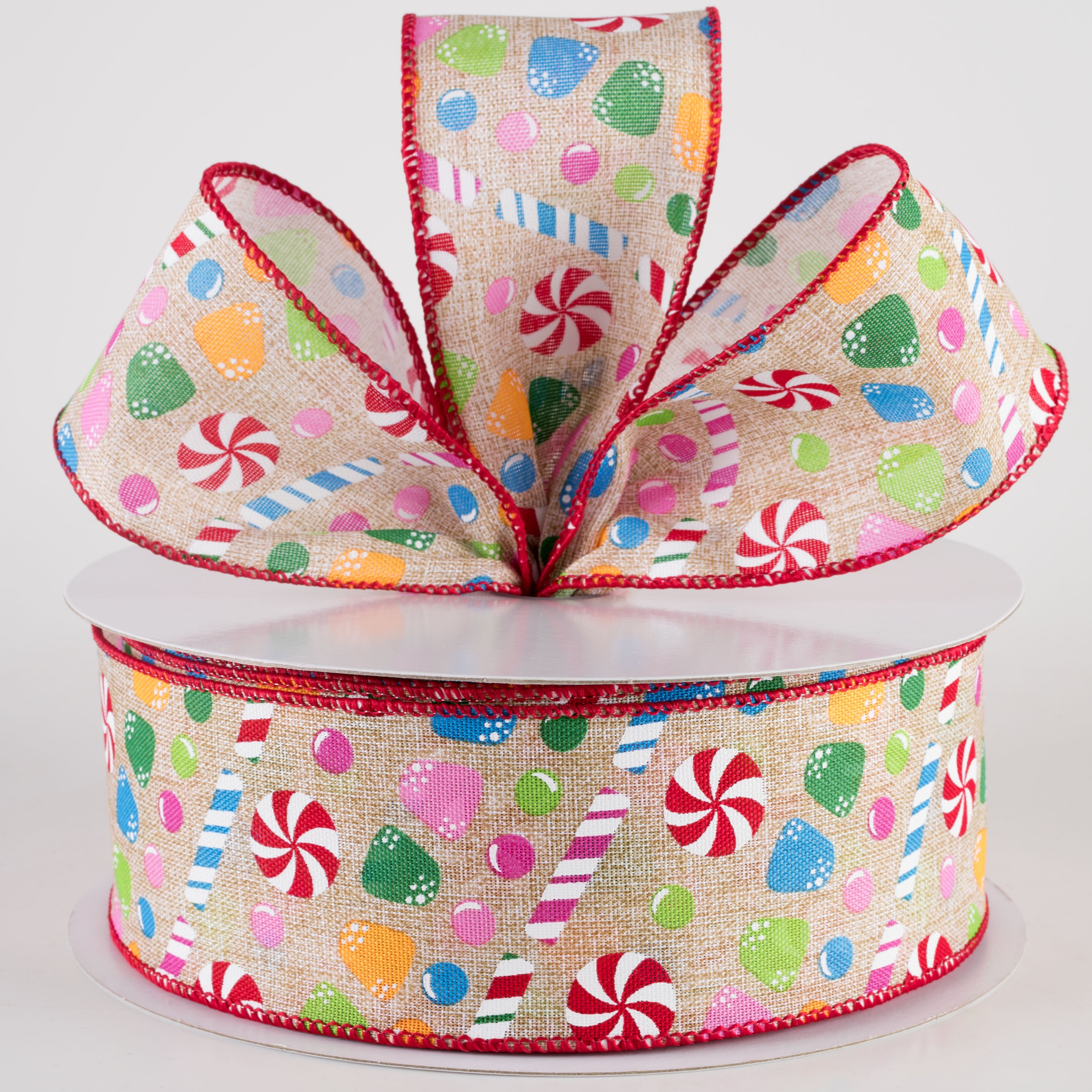 2.5" Printed Linen Christmas Candy Stripes Ribbon: Natural (50 Yards) Lifestyle Photo