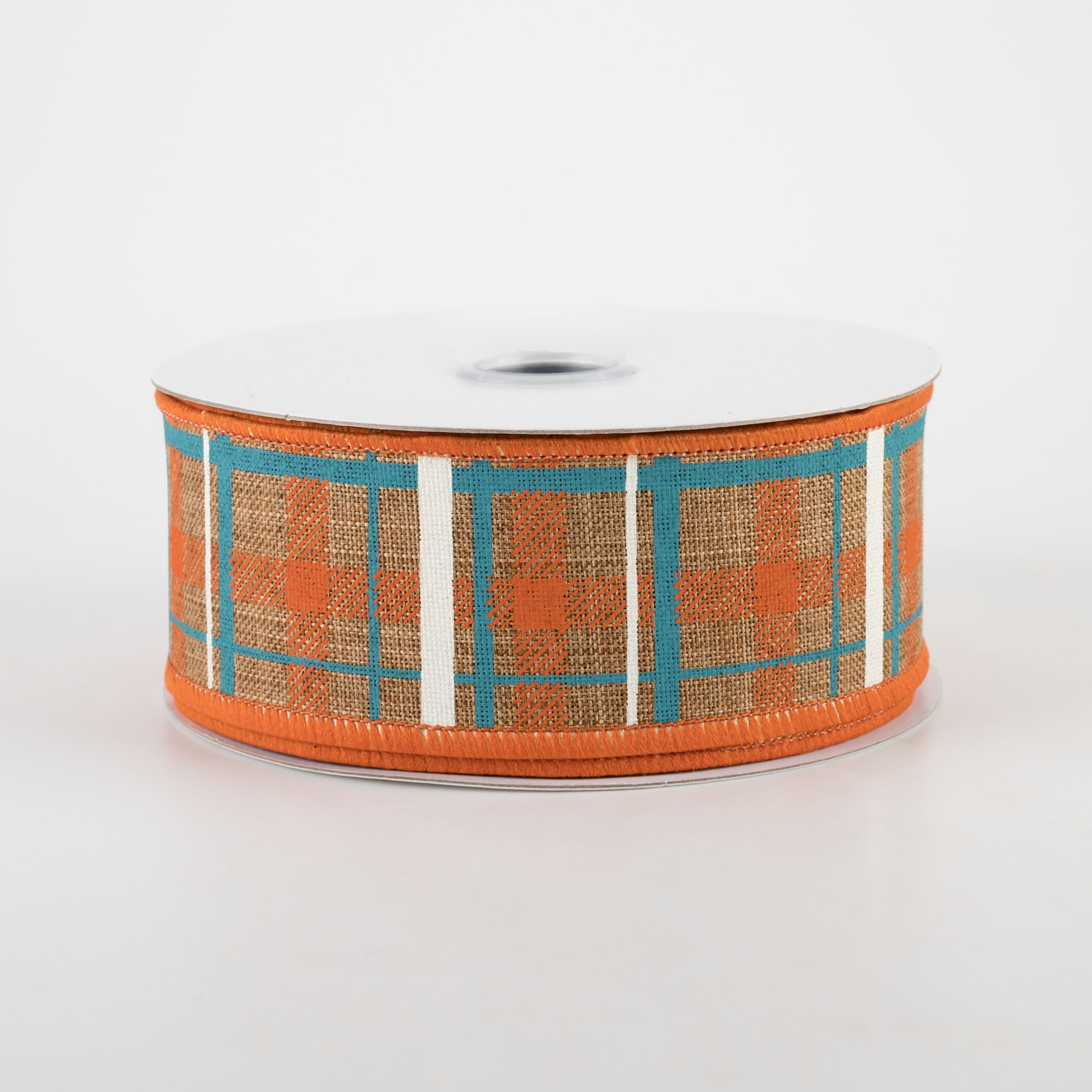 1.5" Printed Plaid Canvas Ribbon: Tan, Dark Orange, Turquoise (10 Yards)
