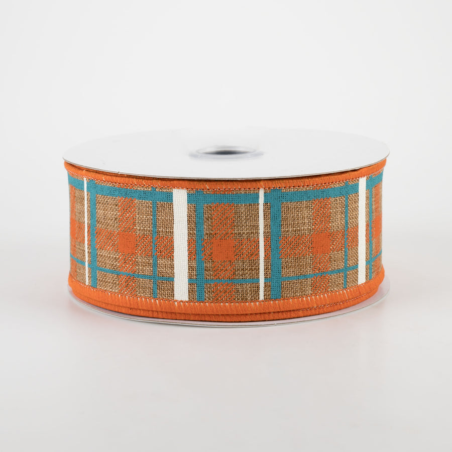 1.5" Printed Plaid Canvas Ribbon: Tan, Dark Orange, Turquoise (10 Yards)