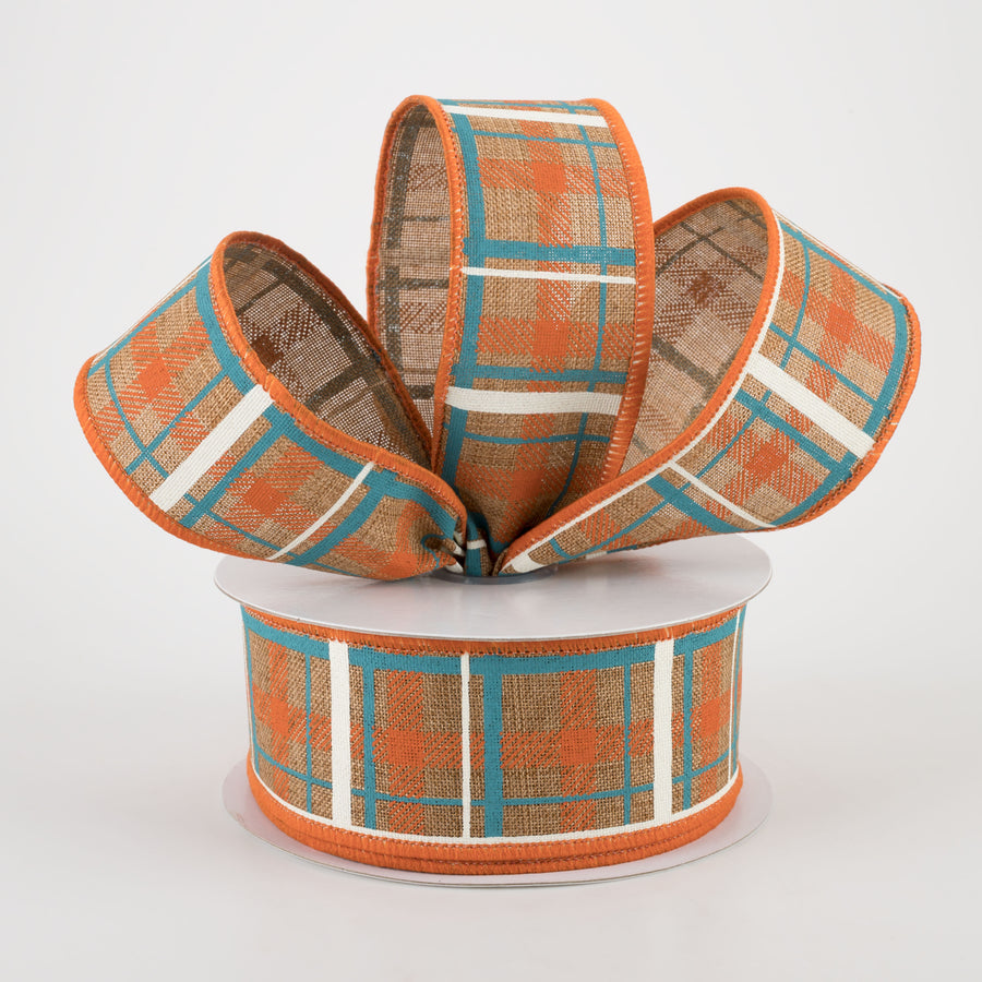 1.5" Printed Plaid Canvas Ribbon: Tan, Dark Orange, Turquoise (10 Yards) Lifestyle Photo