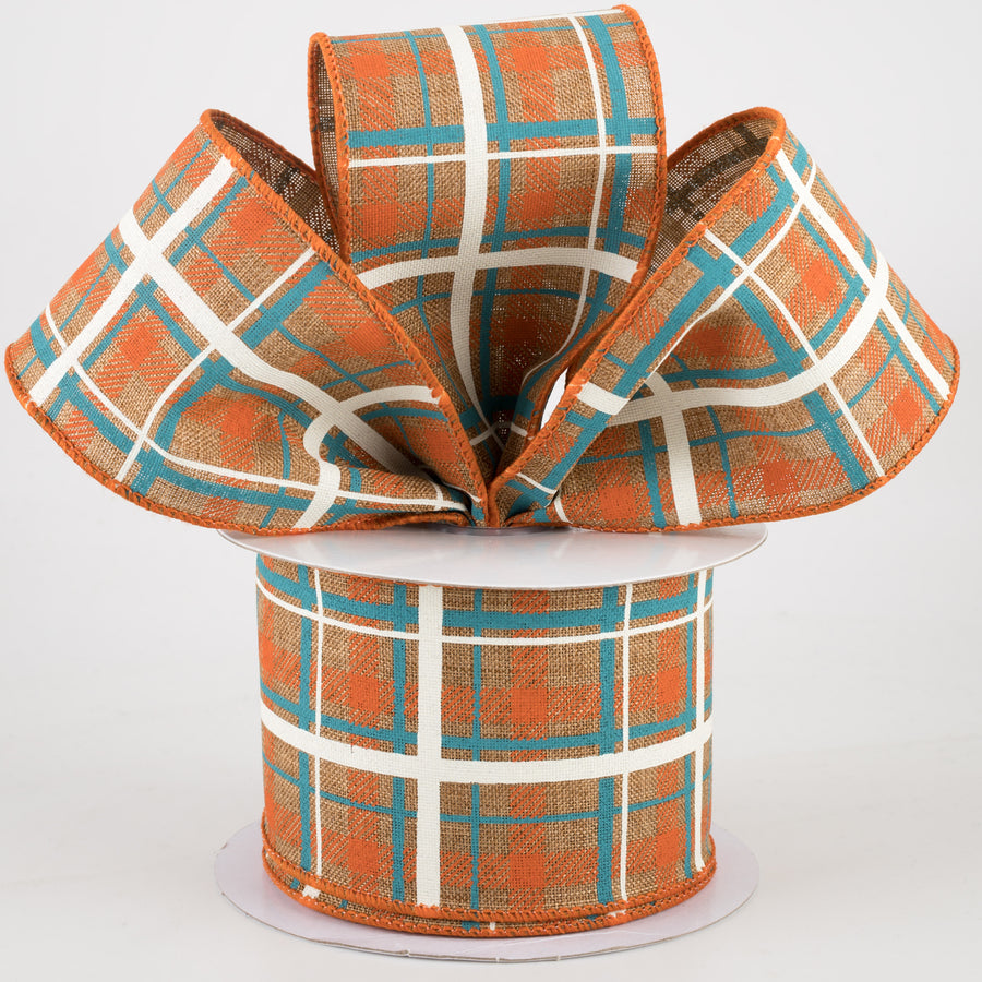 2.5" Printed Plaid Canvas Ribbon: Tan, Dark Orange, Turquoise (10 Yards) Lifestyle Photo