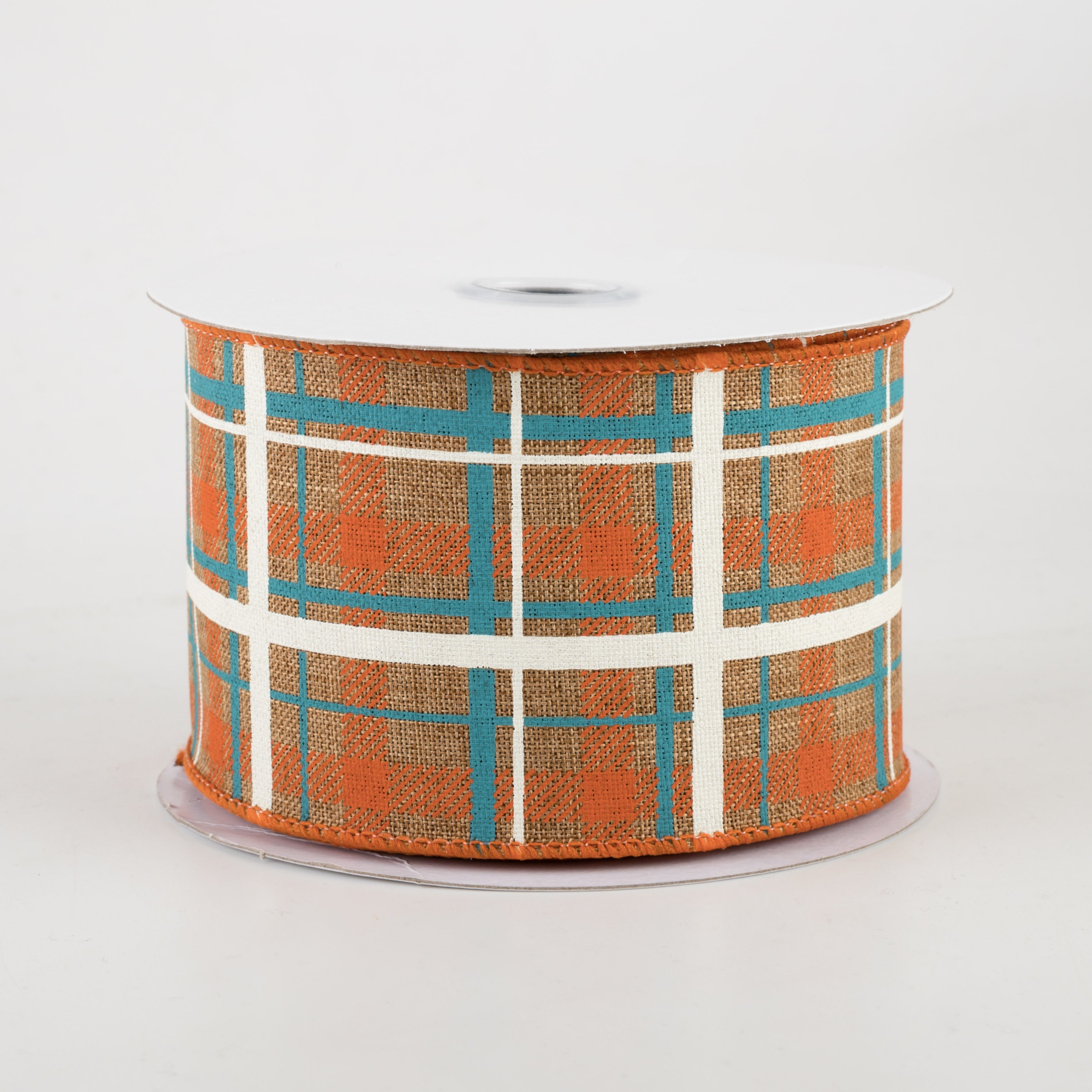 2.5" Printed Plaid Canvas Ribbon: Tan, Dark Orange, Turquoise (10 Yards)