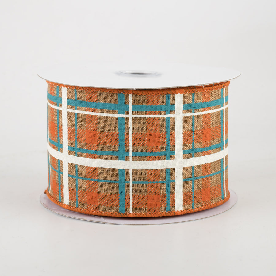 2.5" Printed Plaid Canvas Ribbon: Tan, Dark Orange, Turquoise (10 Yards)