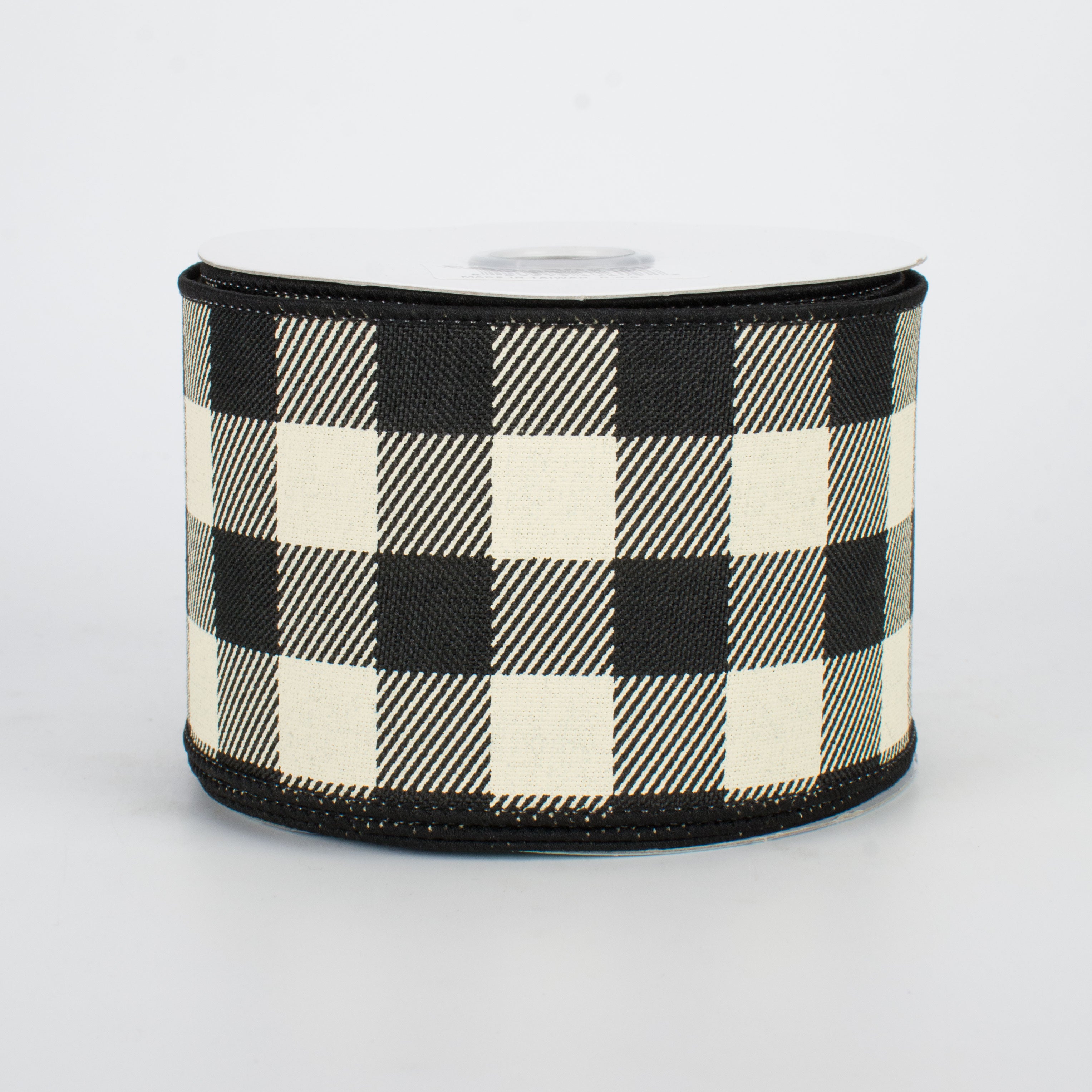2.5" Printed Plaid Check Ribbon: Black & Ivory (10 Yards)