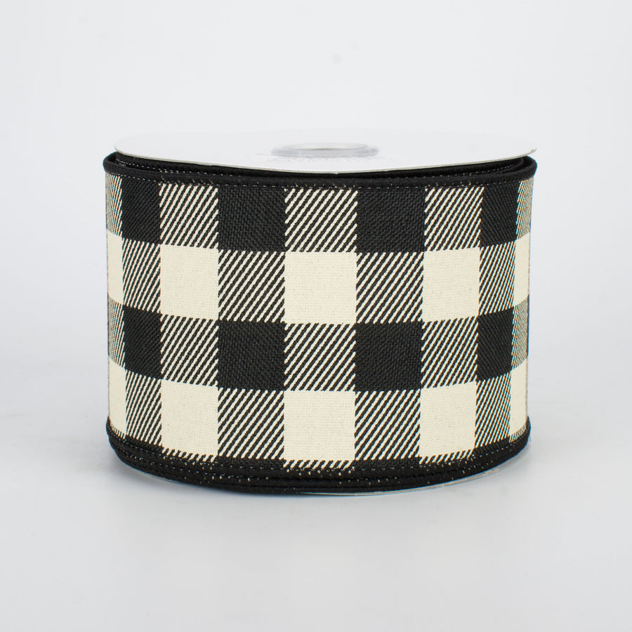 2.5" Printed Plaid Check Ribbon: Black & Ivory (10 Yards)