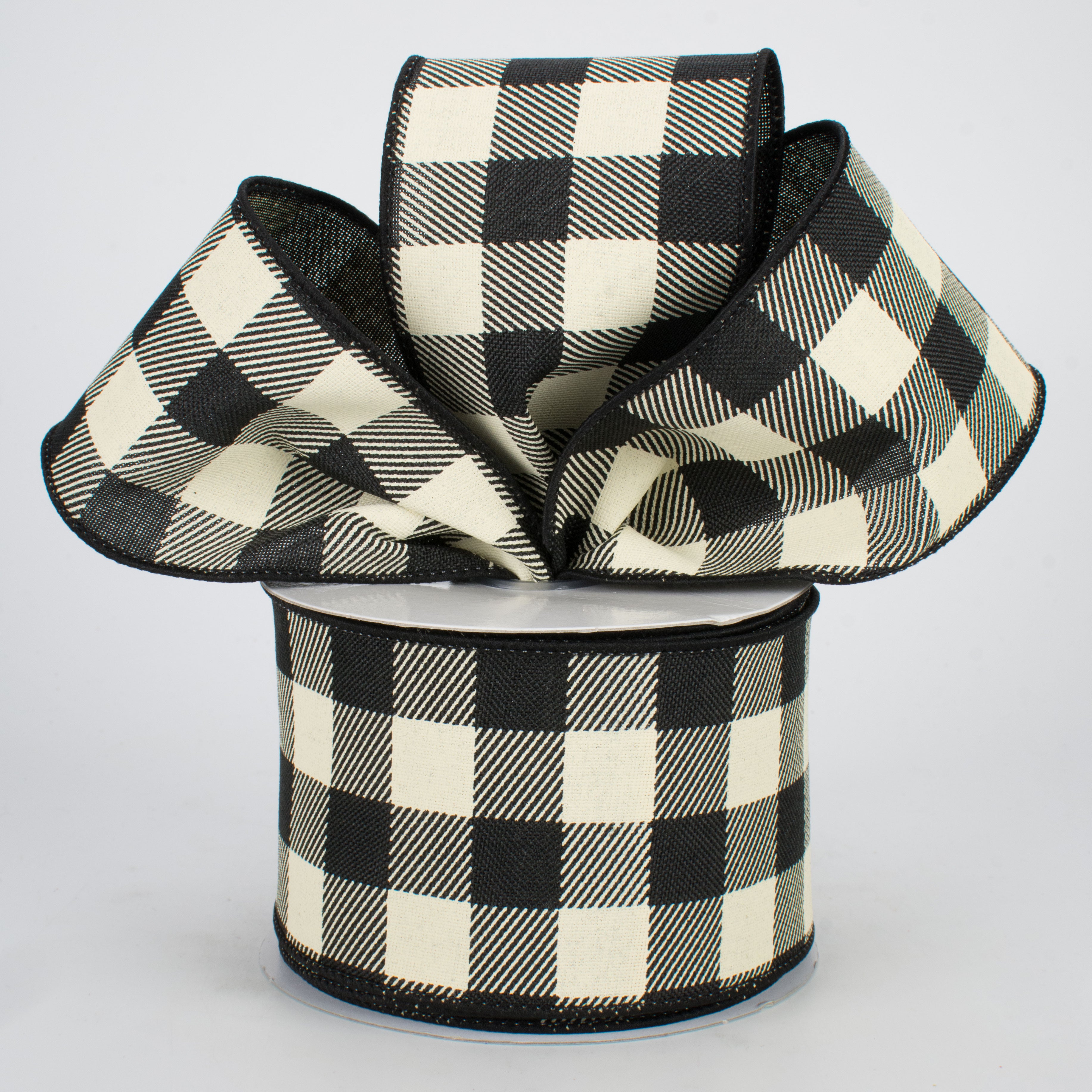 2.5" Printed Plaid Check Ribbon: Black & Ivory (10 Yards) Lifestyle Photo