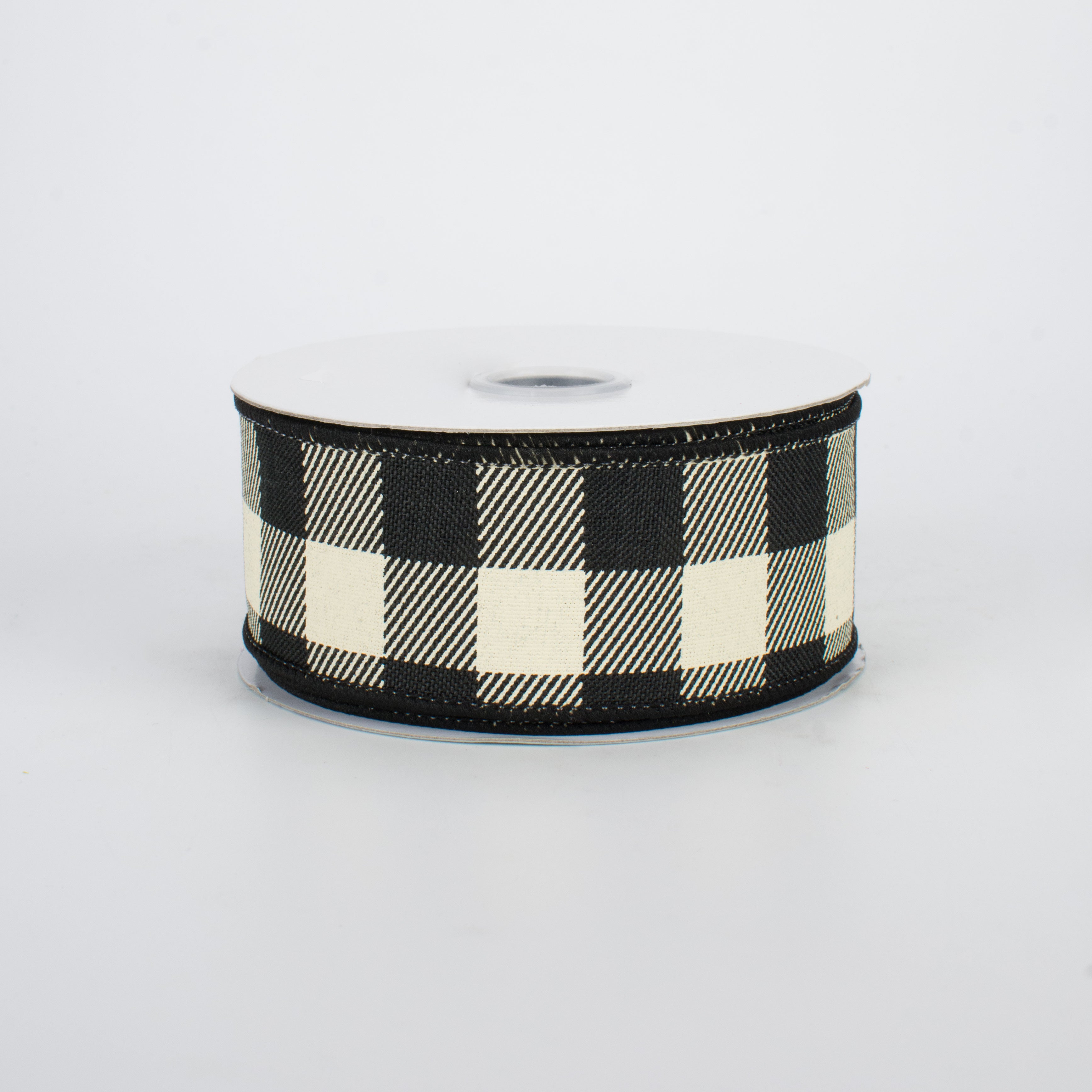 1.5" Printed Plaid Check Ribbon: Black & Ivory (10 Yards)