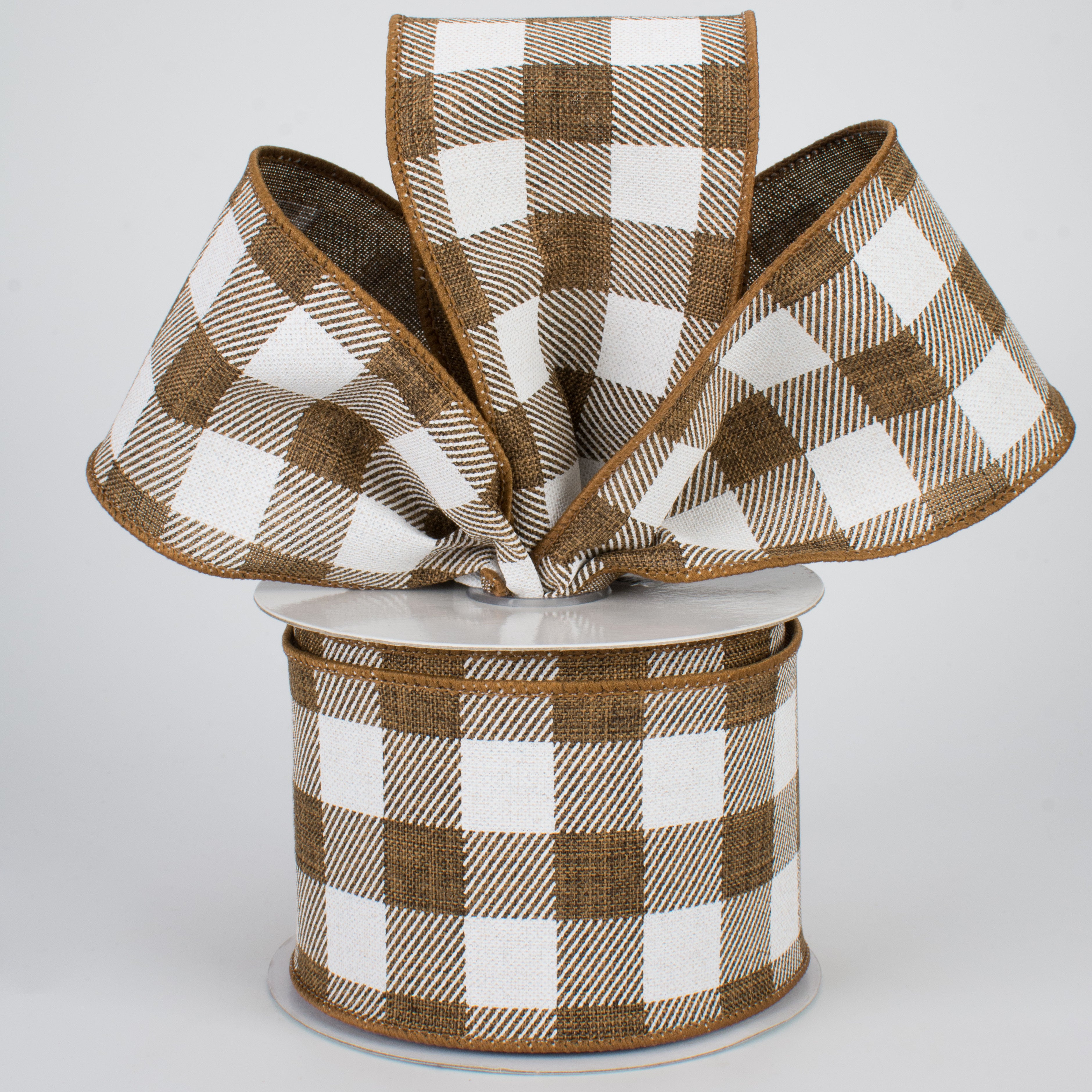 2.5" Printed Plaid Check Ribbon: Brown & White (10 Yards) Lifestyle Photo