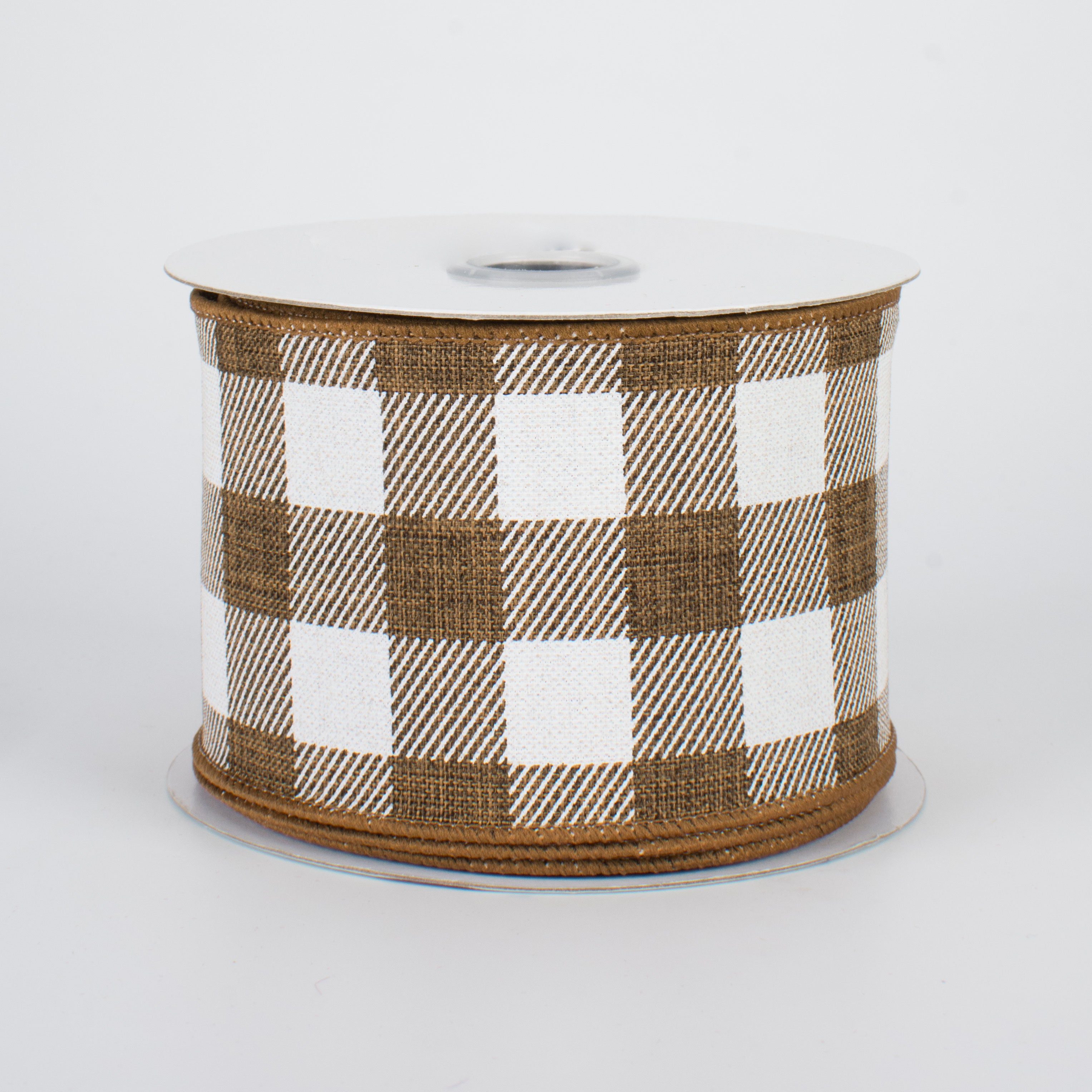 2.5" Printed Plaid Check Ribbon: Brown & White (10 Yards)