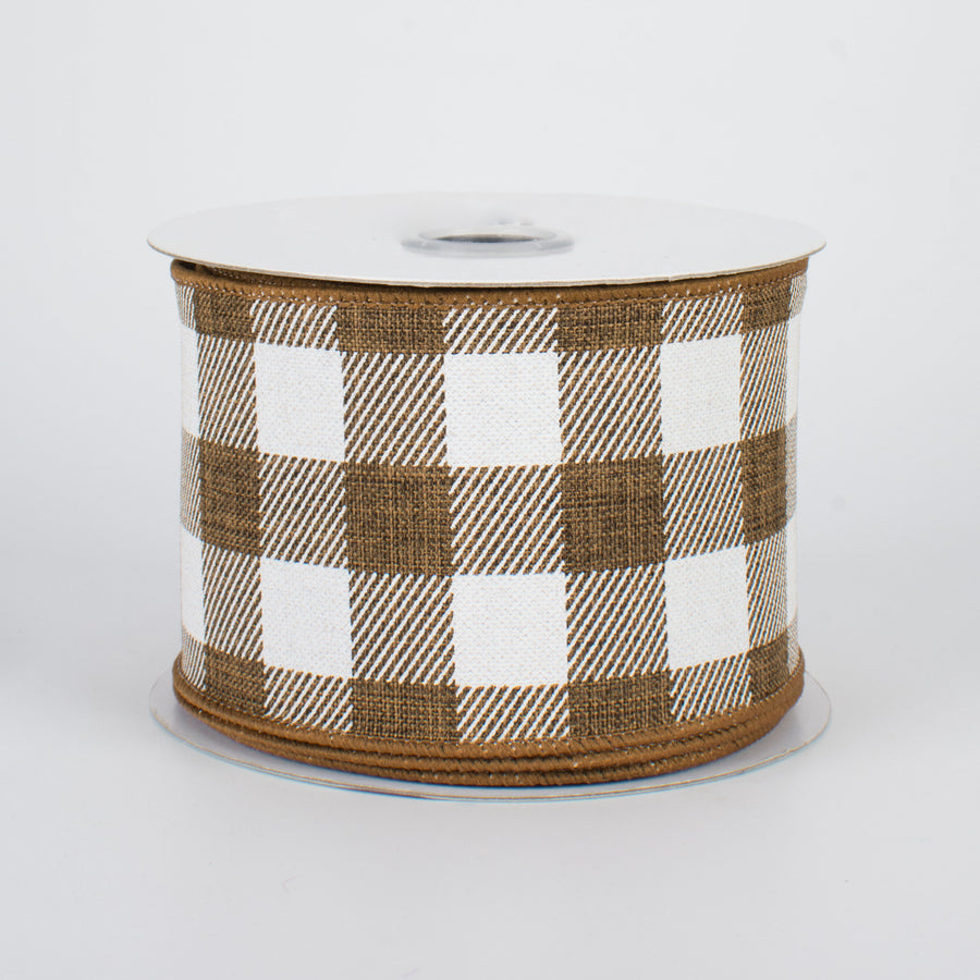 2.5" Printed Plaid Check Ribbon: Brown & White (10 Yards)