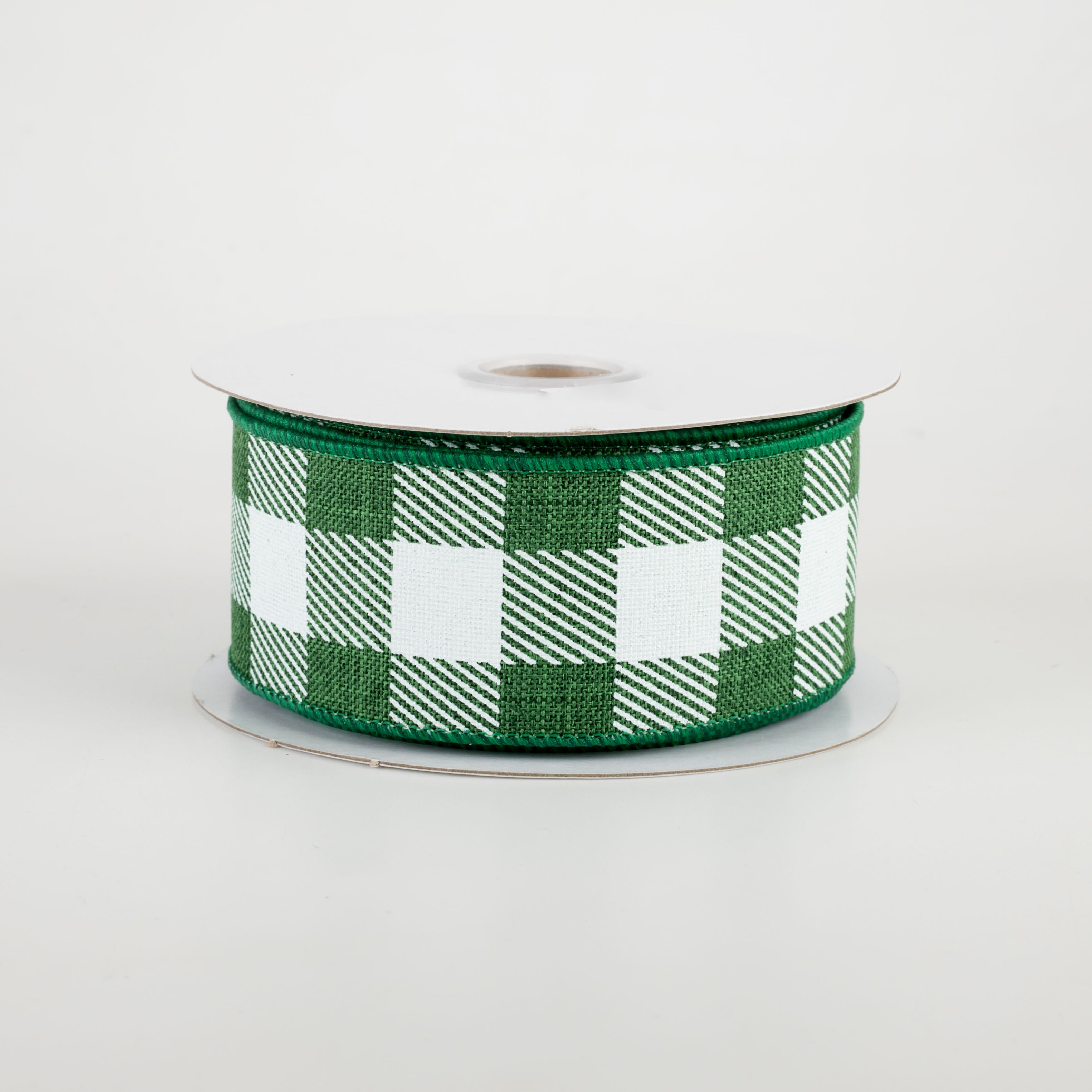 1.5" Printed Plaid Check Ribbon: Emerald Green & White (10 Yards)