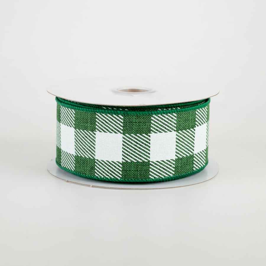 1.5" Printed Plaid Check Ribbon: Emerald Green & White (10 Yards)