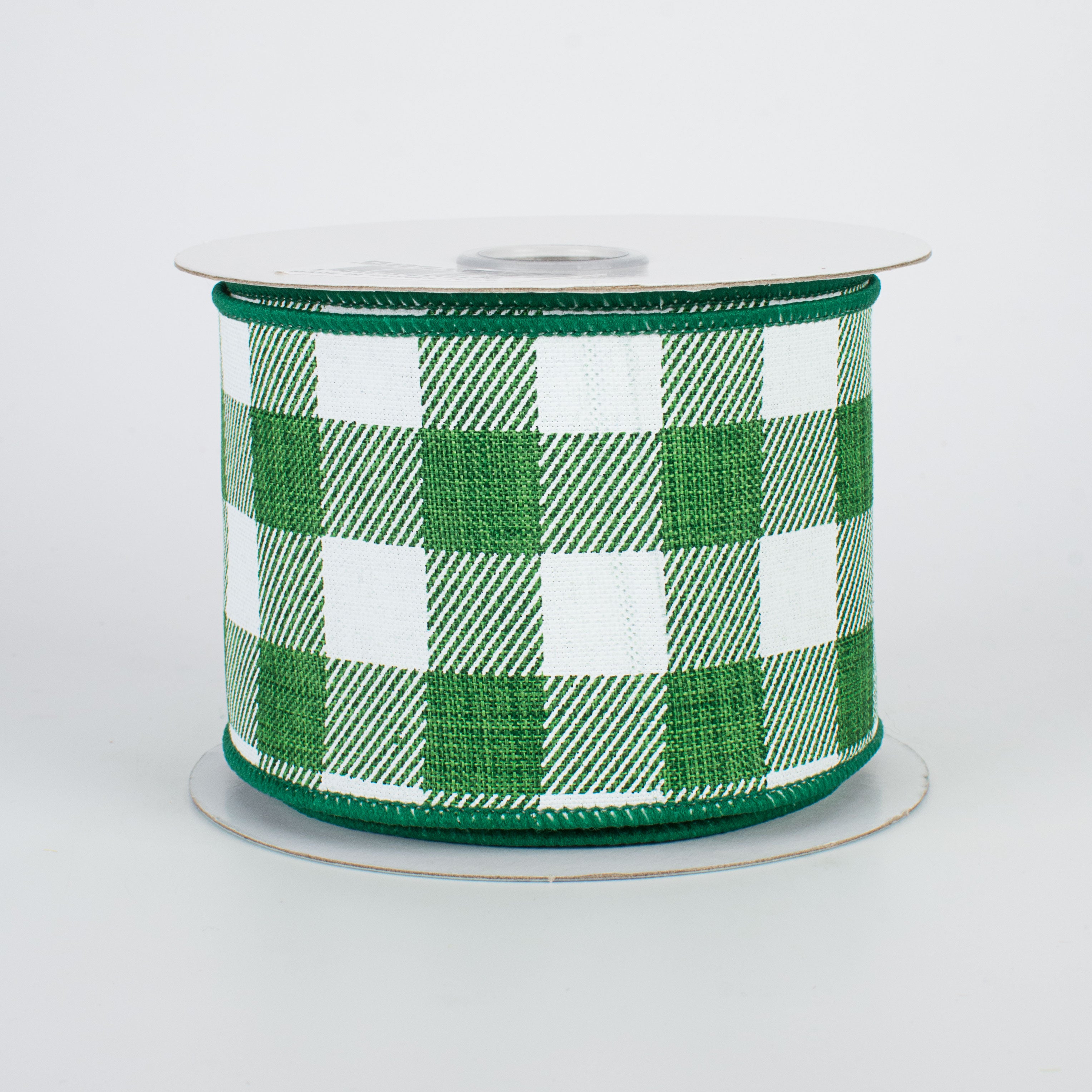 2.5" Printed Plaid Check Ribbon: Emerald Green & White (10 Yards)
