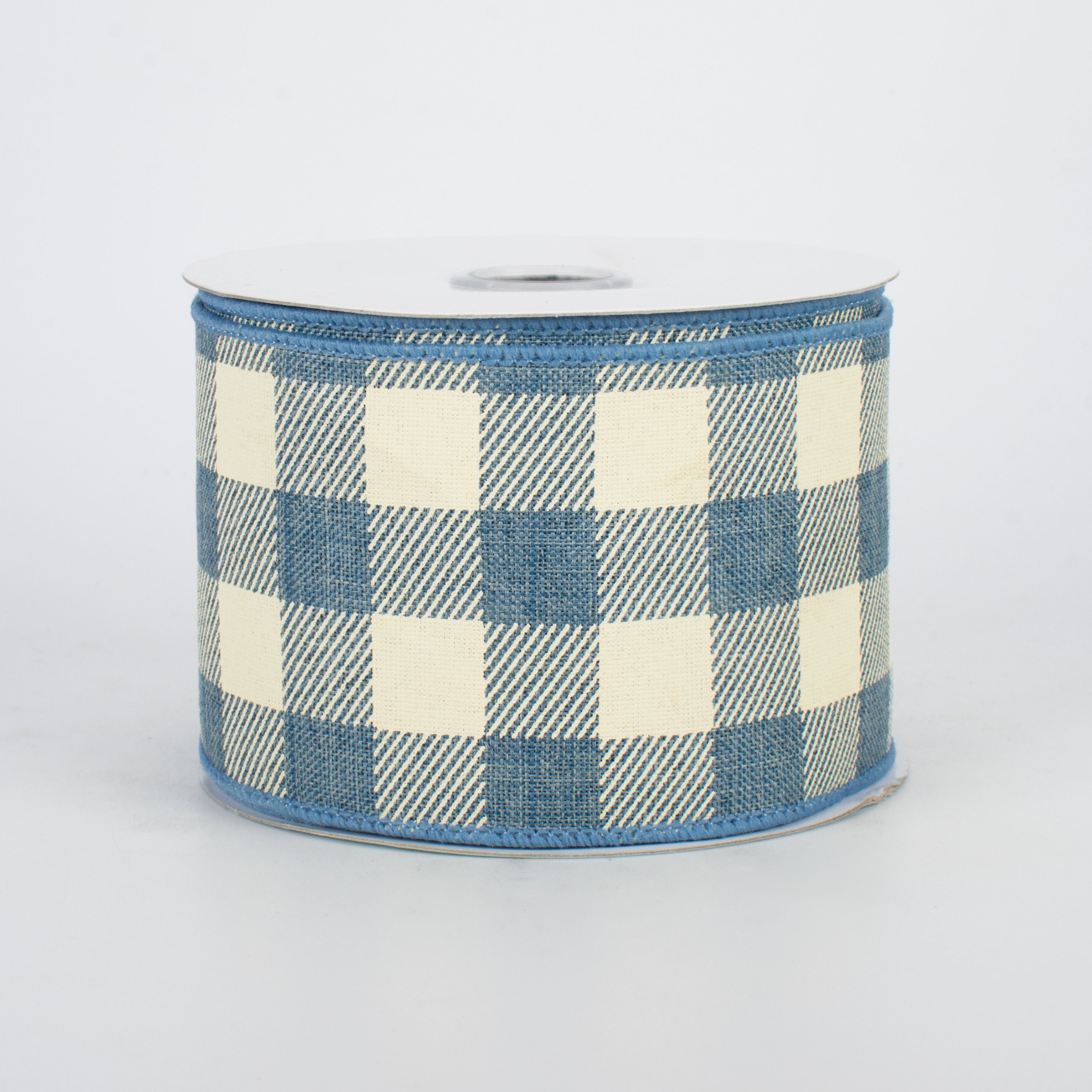 2.5" Printed Plaid Check Ribbon: Faded Denim & Ivory (10 Yards)