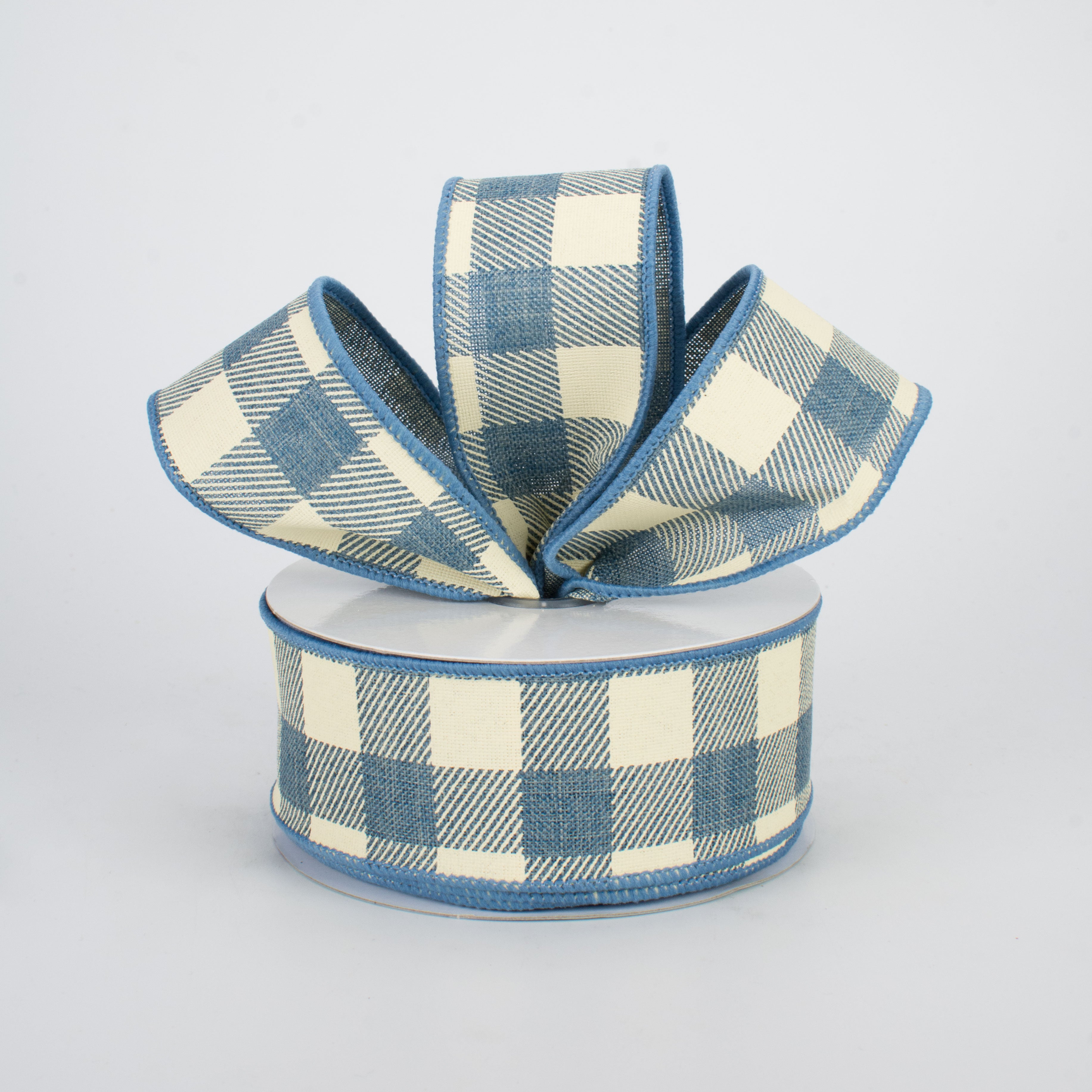 1.5" Printed Plaid Check Ribbon: Faded Denim & Ivory (10 Yards) Lifestyle Photo