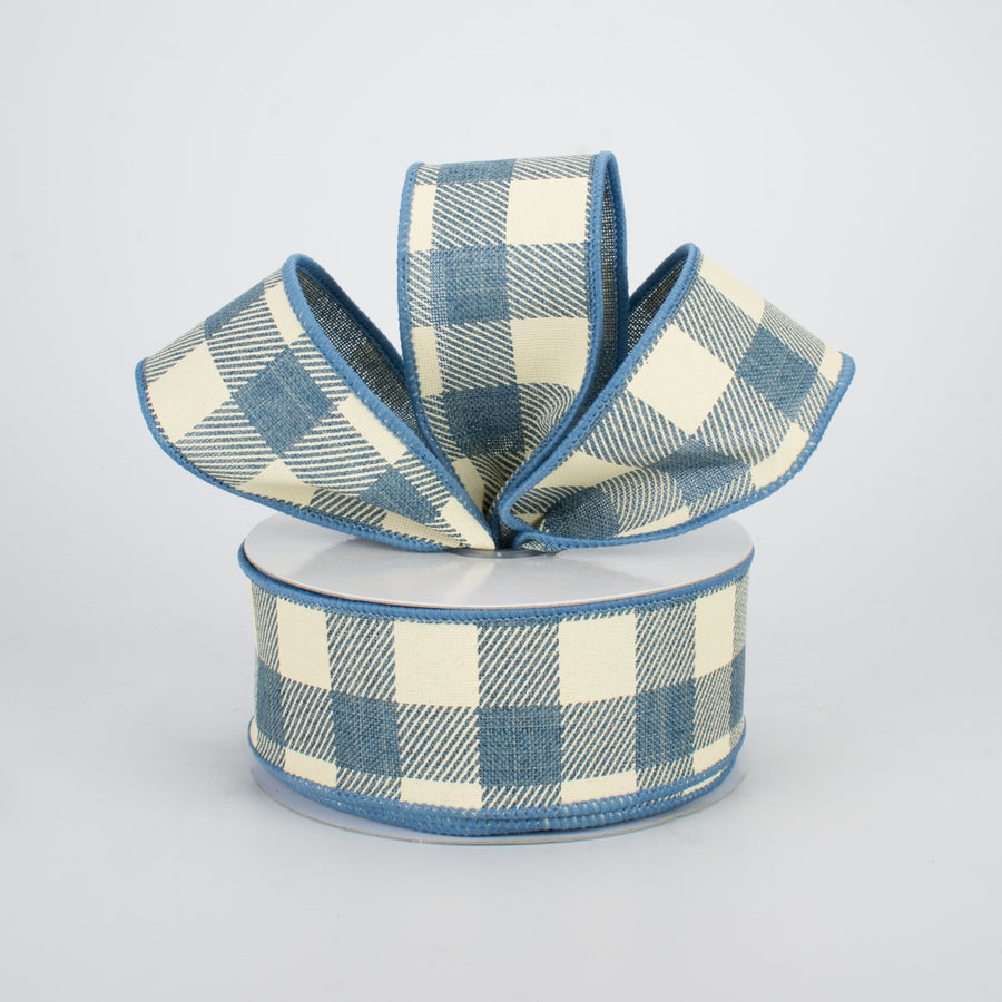 1.5" Printed Plaid Check Ribbon: Faded Denim & Ivory (10 Yards) Lifestyle Photo