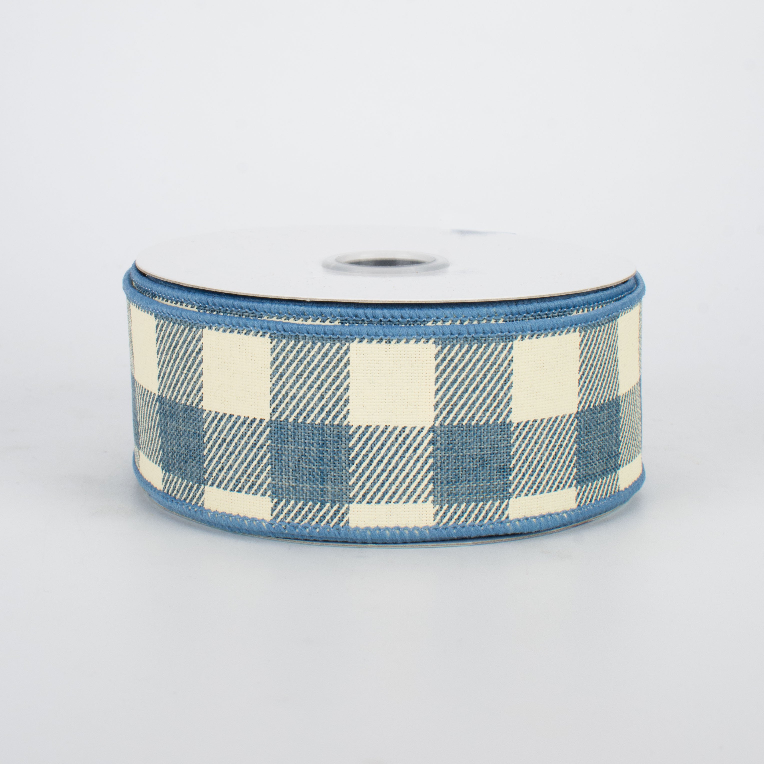 1.5" Printed Plaid Check Ribbon: Faded Denim & Ivory (10 Yards)