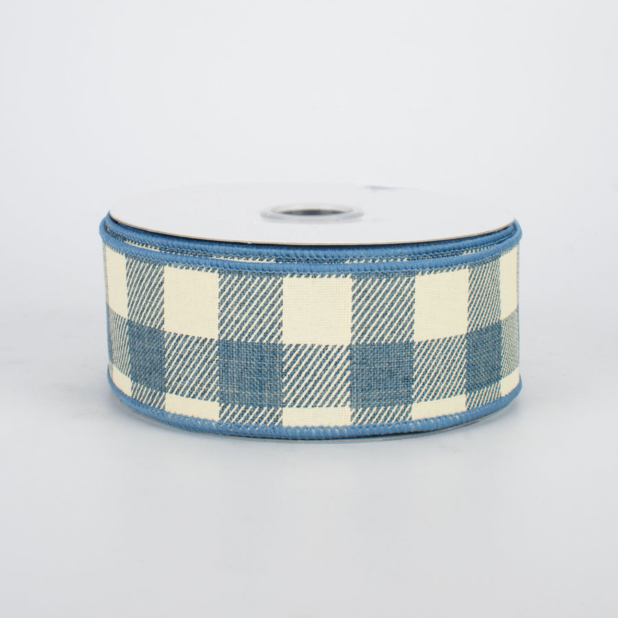 1.5" Printed Plaid Check Ribbon: Faded Denim & Ivory (10 Yards)