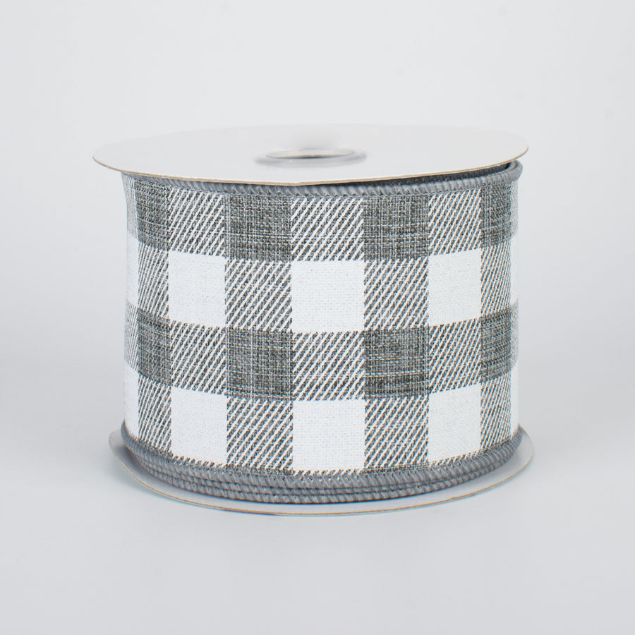 2.5" Printed Plaid Check Ribbon: Grey & White (10 Yards)