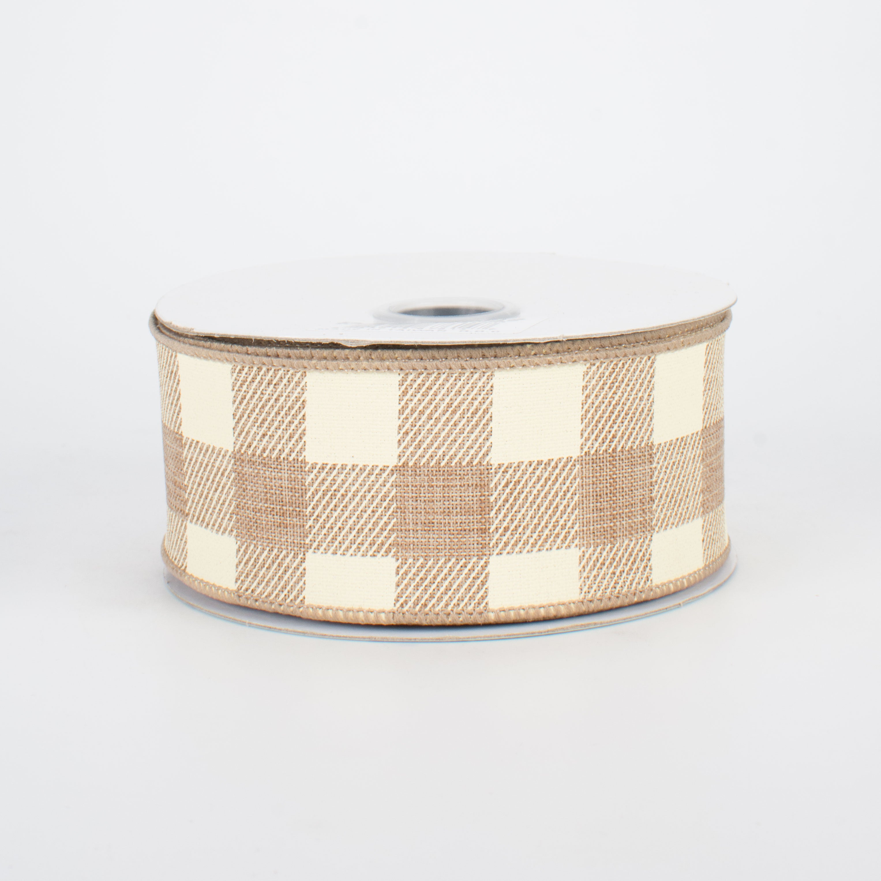 1.5" Printed Plaid Check Ribbon: Light Beige & Ivory (10 Yards)