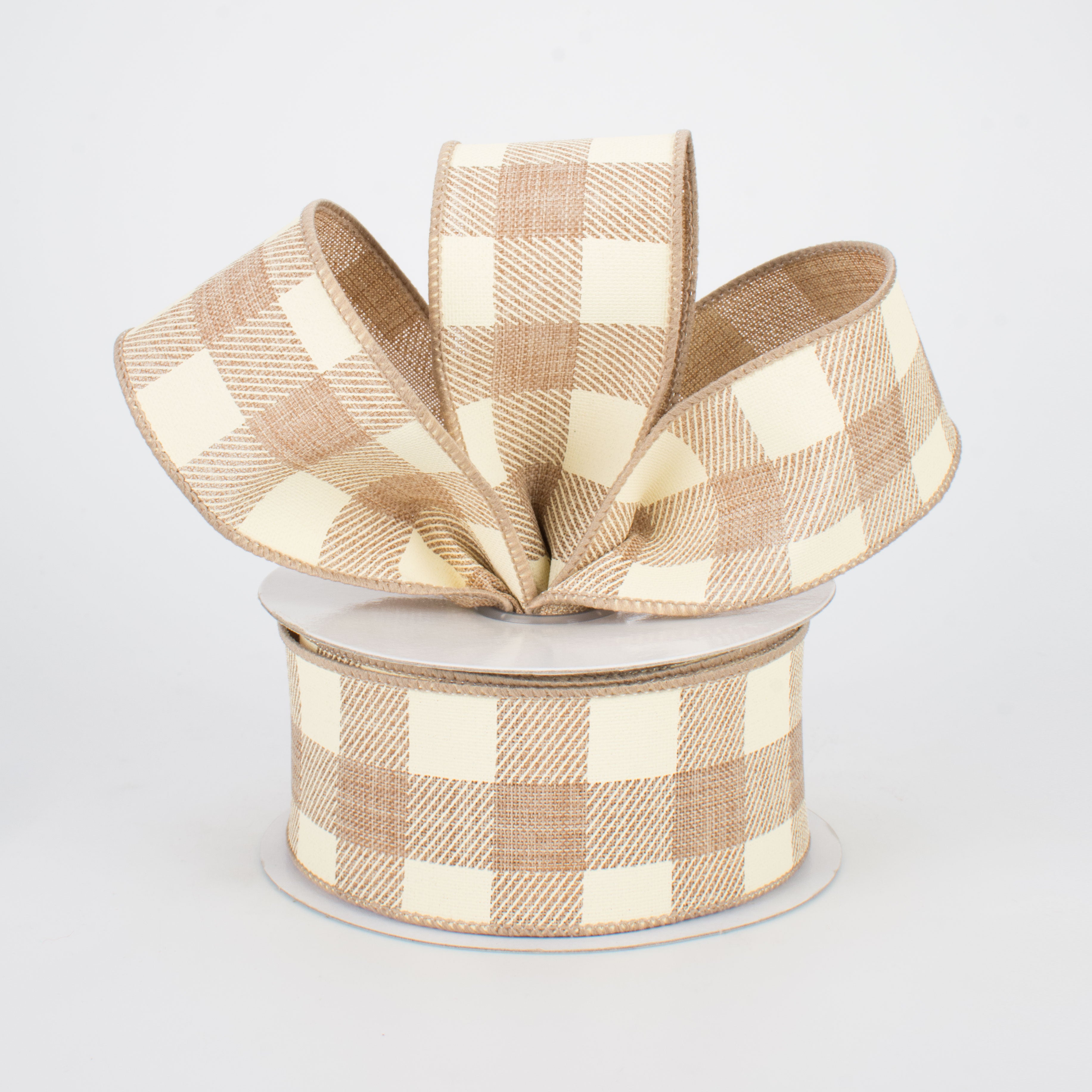 1.5" Printed Plaid Check Ribbon: Light Beige & Ivory (10 Yards) Lifestyle Photo