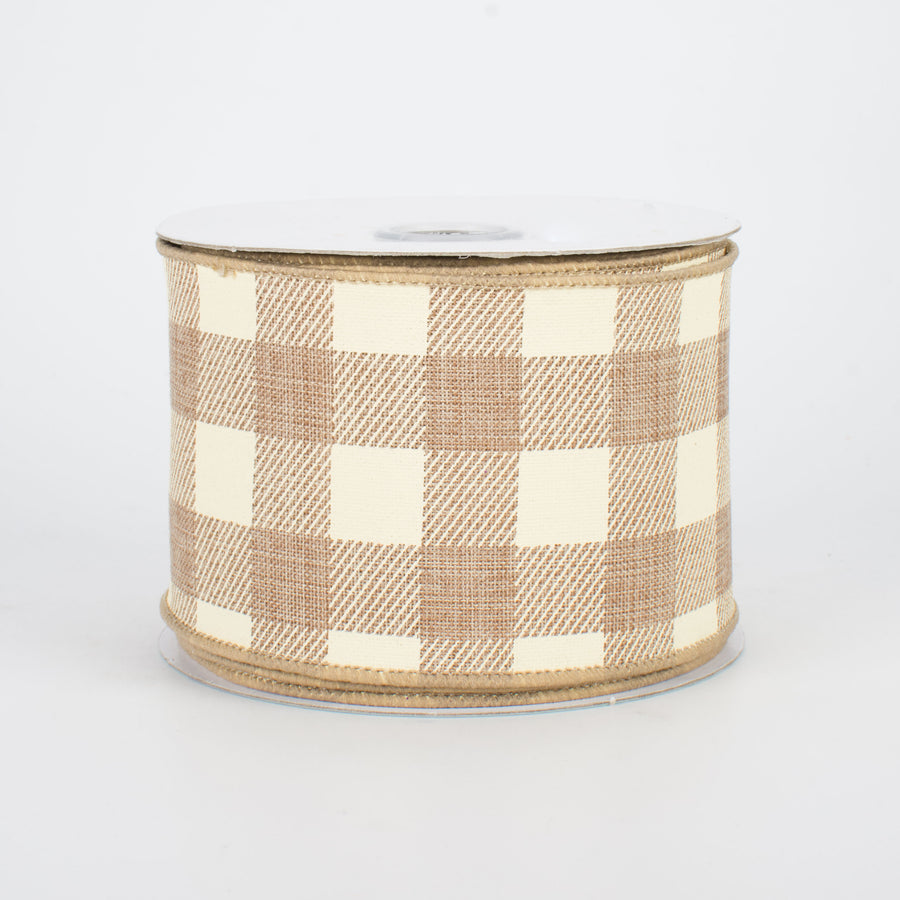 2.5" Printed Plaid Check Ribbon: Light Beige & Ivory (10 Yards)