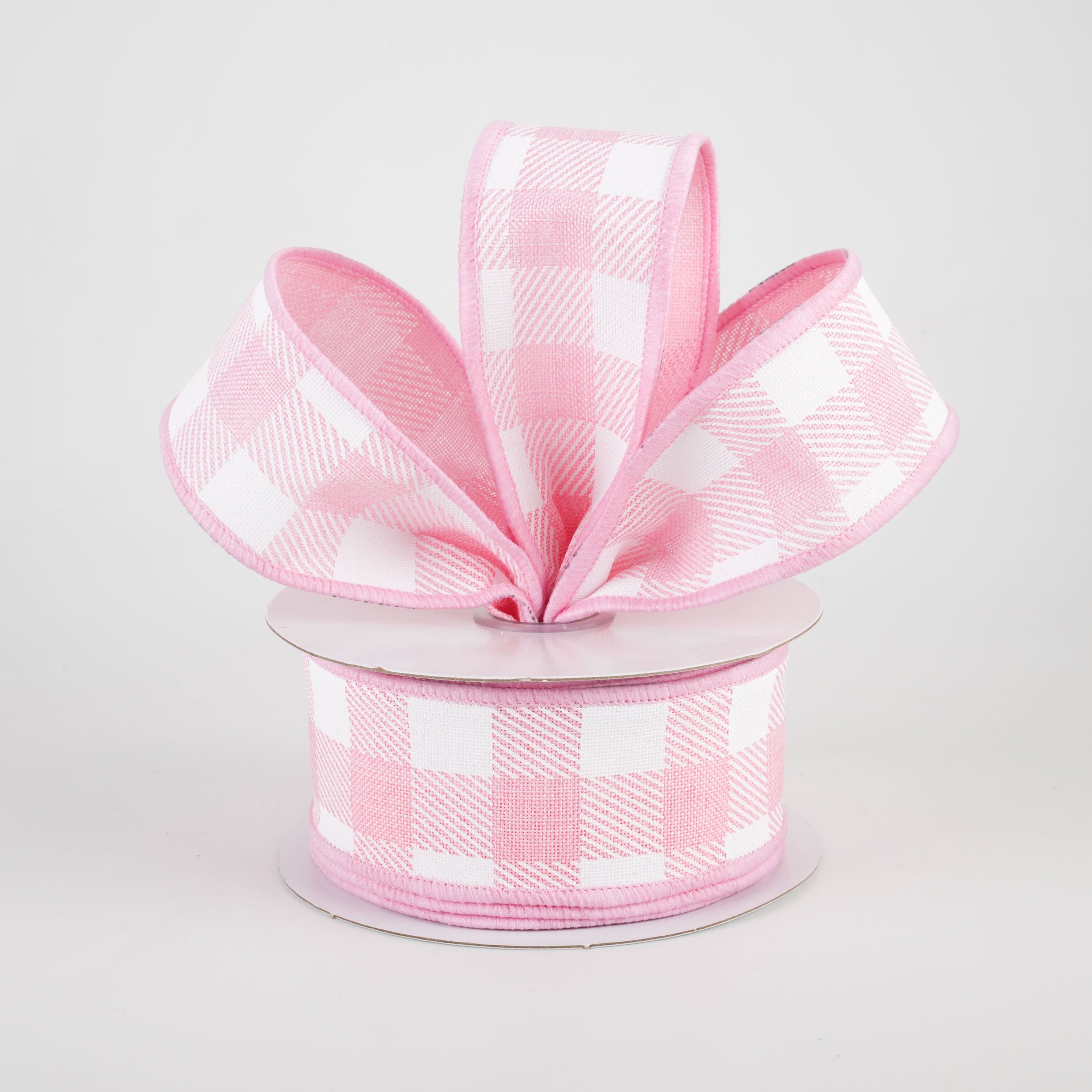 1.5" Printed Plaid Check Ribbon: Light Pink & White (10 Yards) Lifestyle Photo