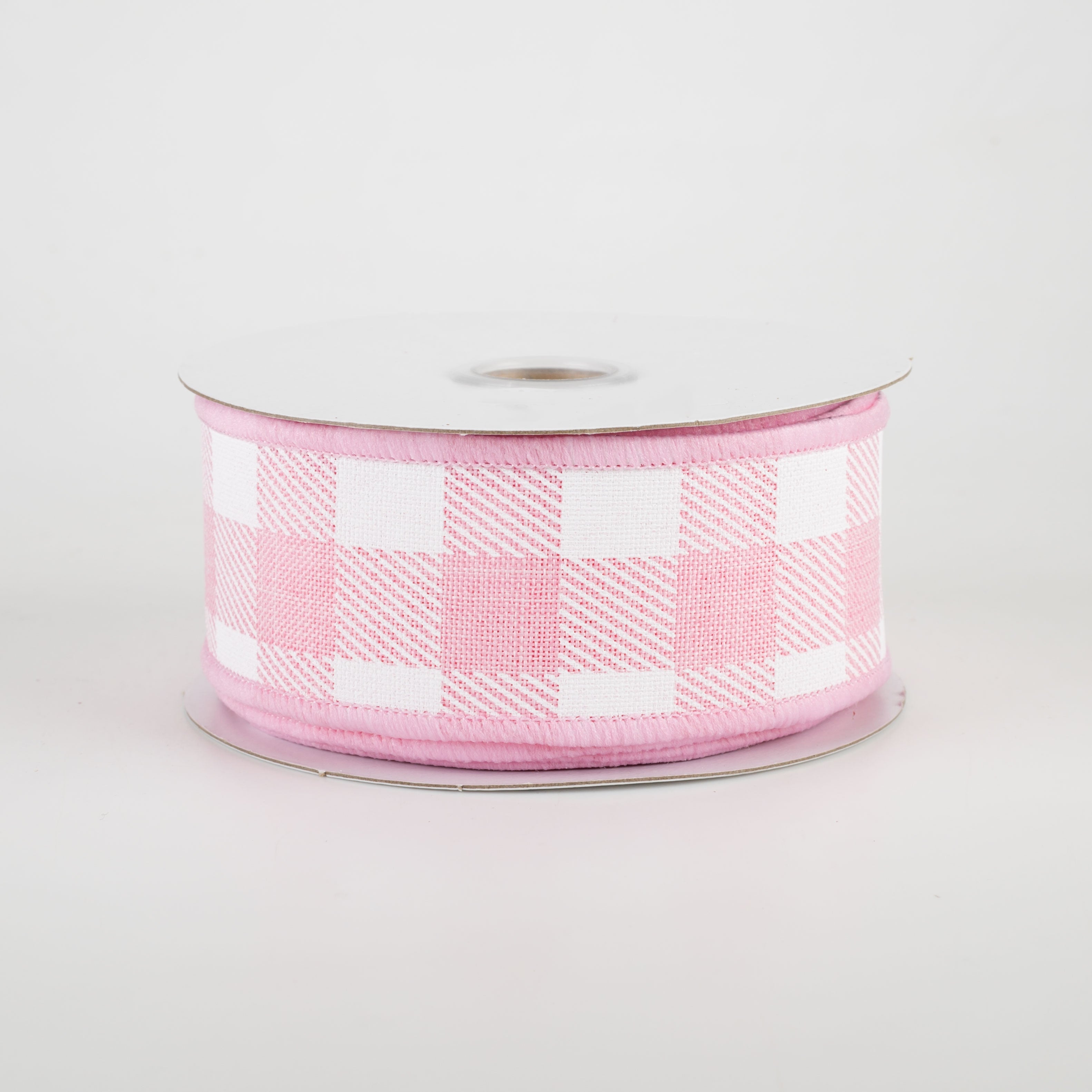 1.5" Printed Plaid Check Ribbon: Light Pink & White (10 Yards)
