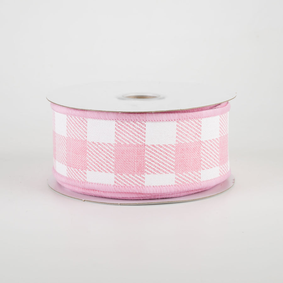 1.5" Printed Plaid Check Ribbon: Light Pink & White (10 Yards)