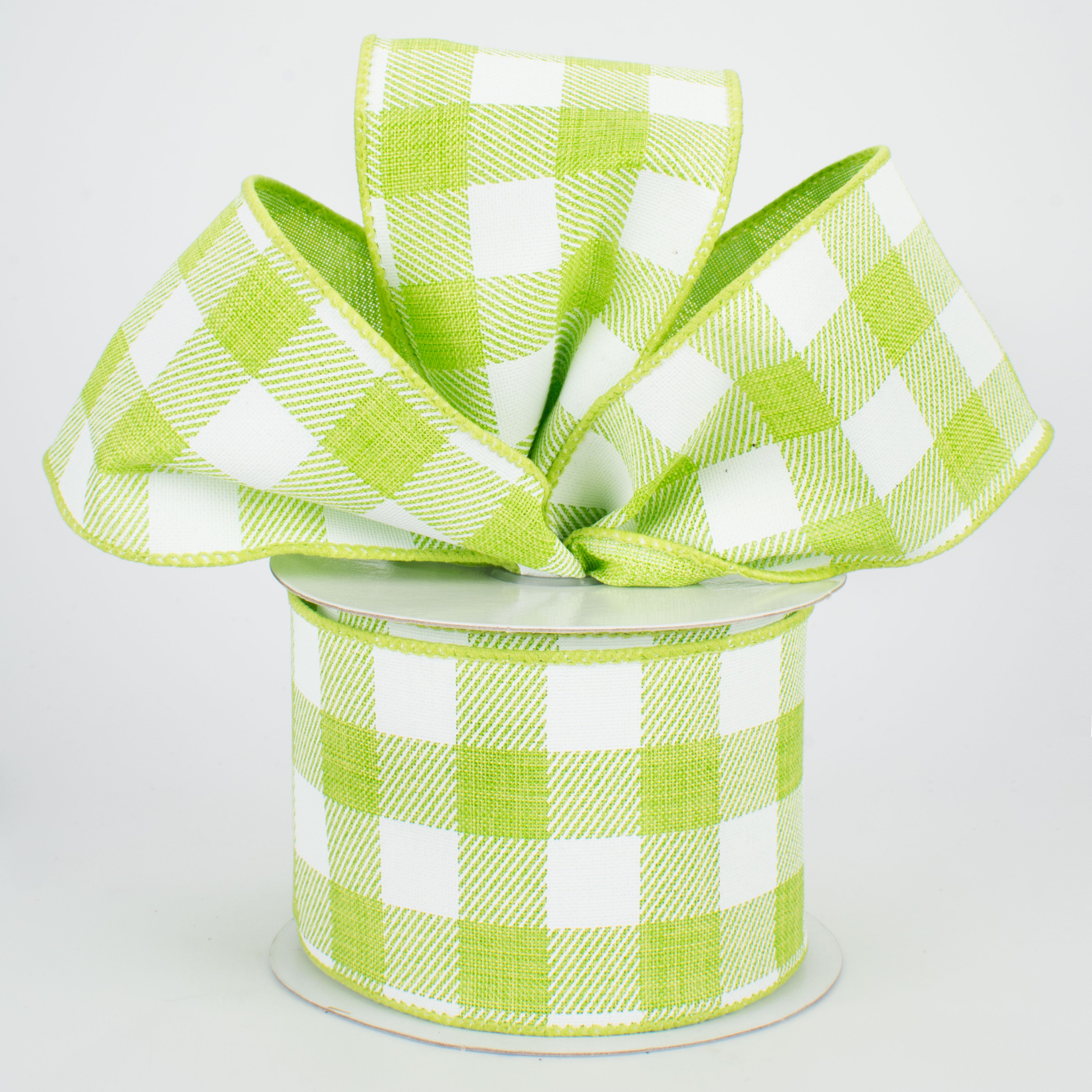 2.5" Printed Plaid Check Ribbon: Lime Green & White (10 Yards) Lifestyle Photo