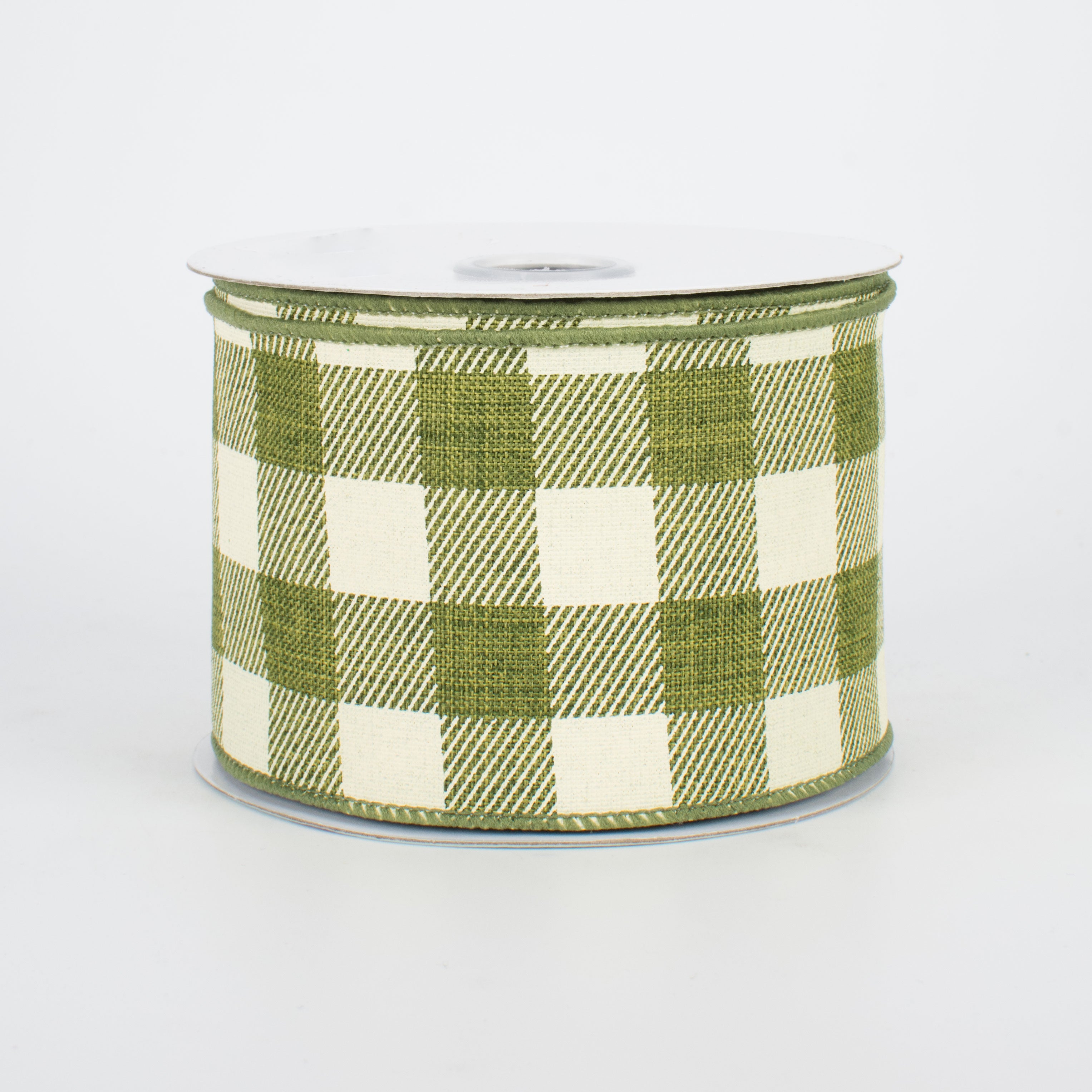 2.5" Printed Plaid Check Ribbon: Moss Green & Ivory (10 Yards)