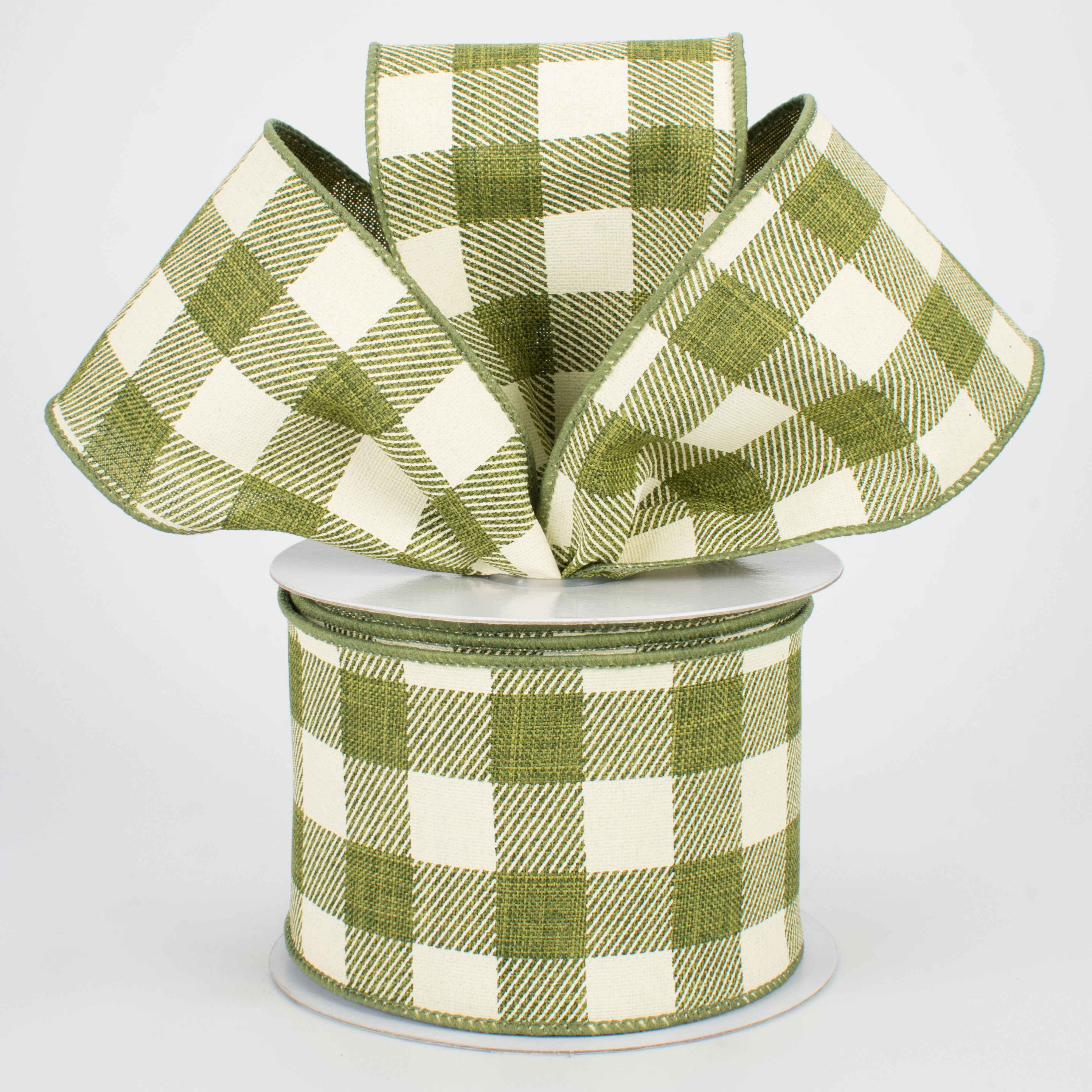 2.5" Printed Plaid Check Ribbon: Moss Green & Ivory (10 Yards) Lifestyle Photo